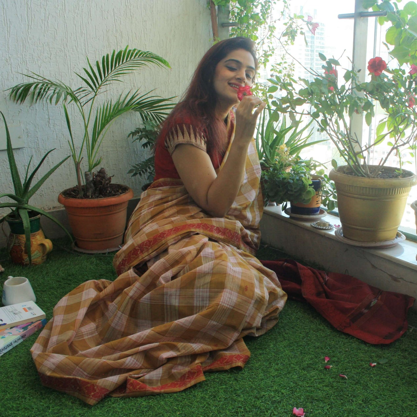 Brown checks Dobby ikkat cotton Saree