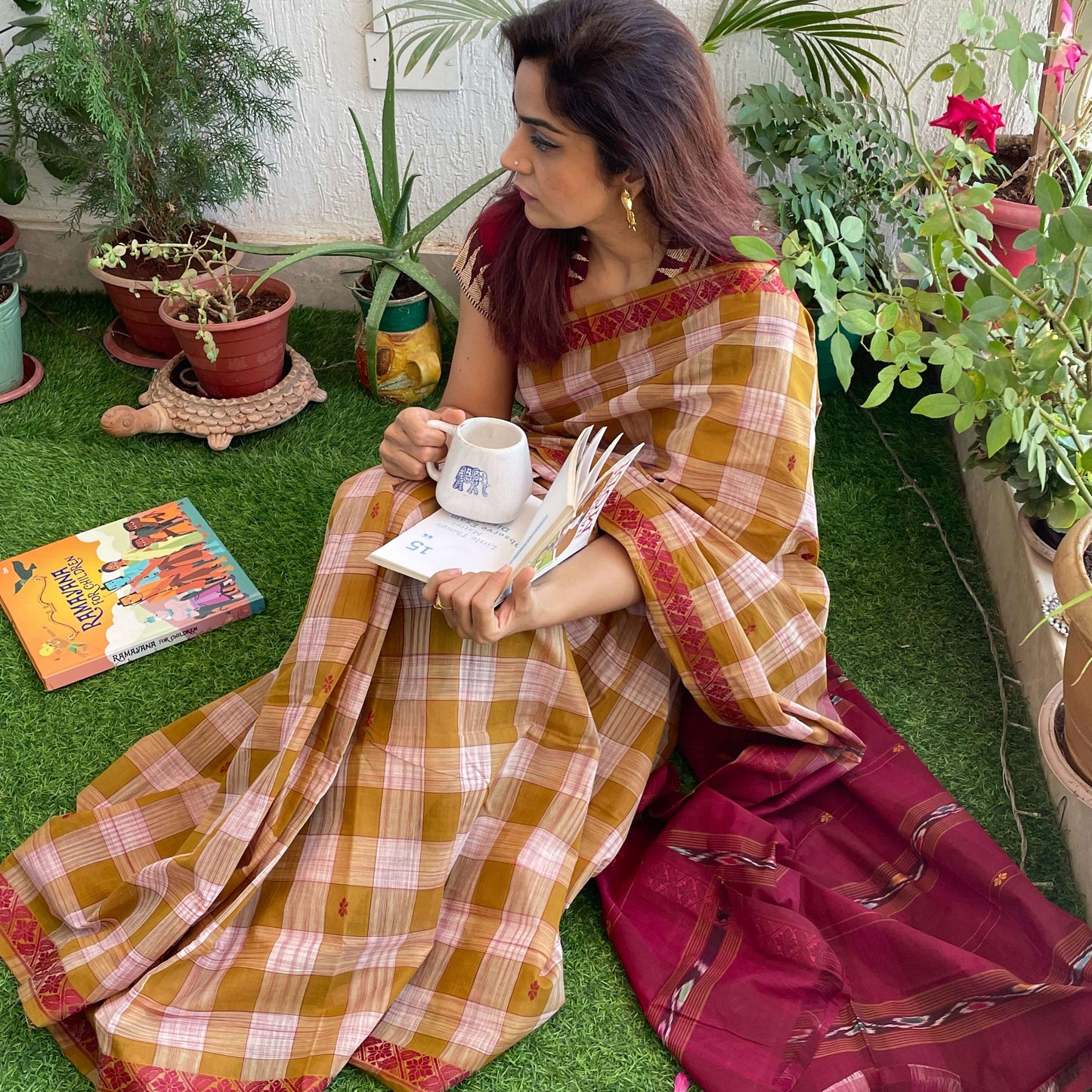 Brown checks Dobby ikkat cotton Saree