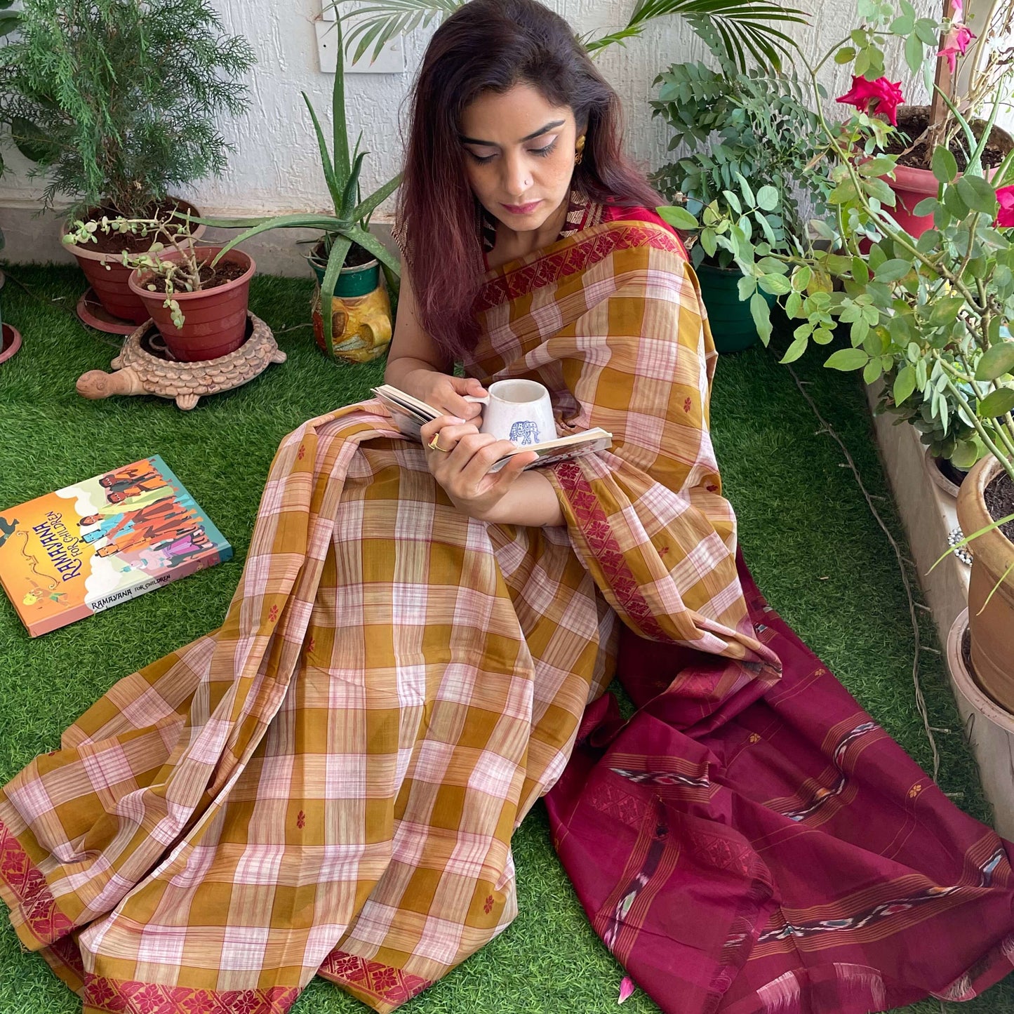 Brown checks Dobby ikkat cotton Saree