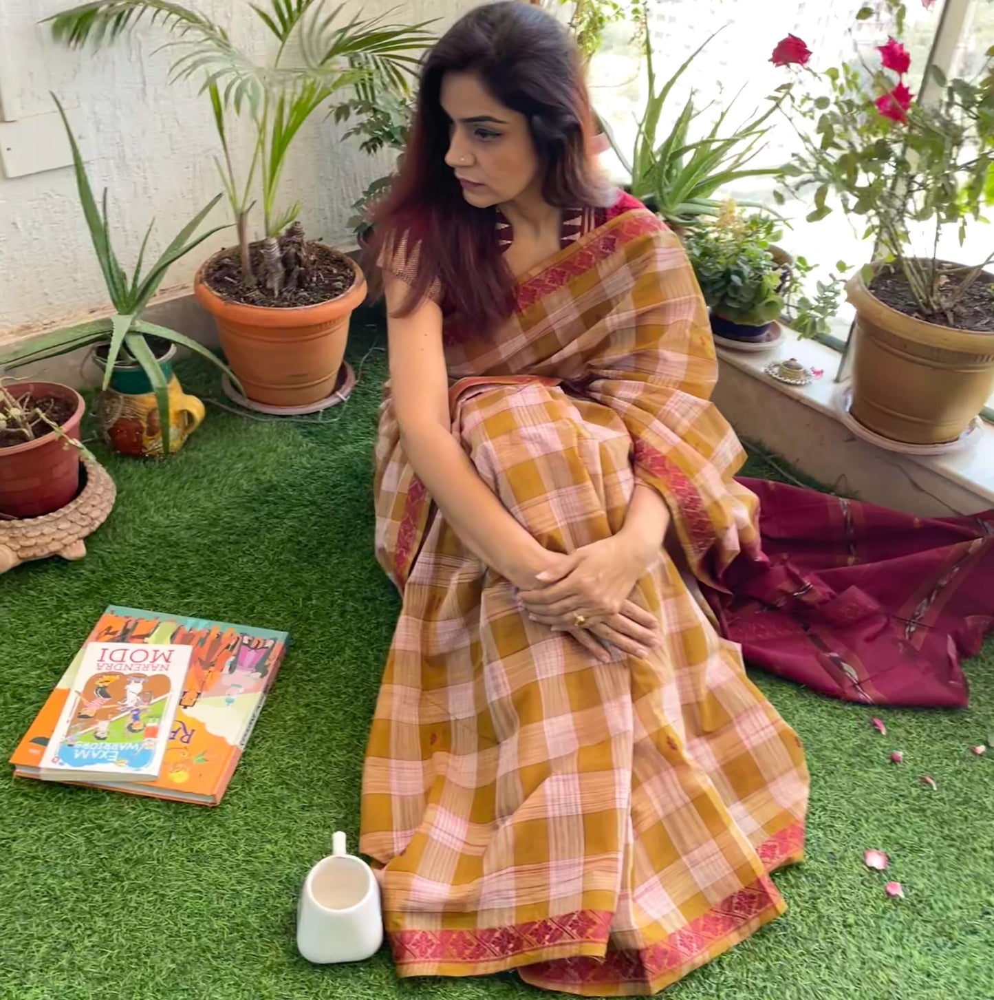 Brown checks Dobby ikkat cotton Saree