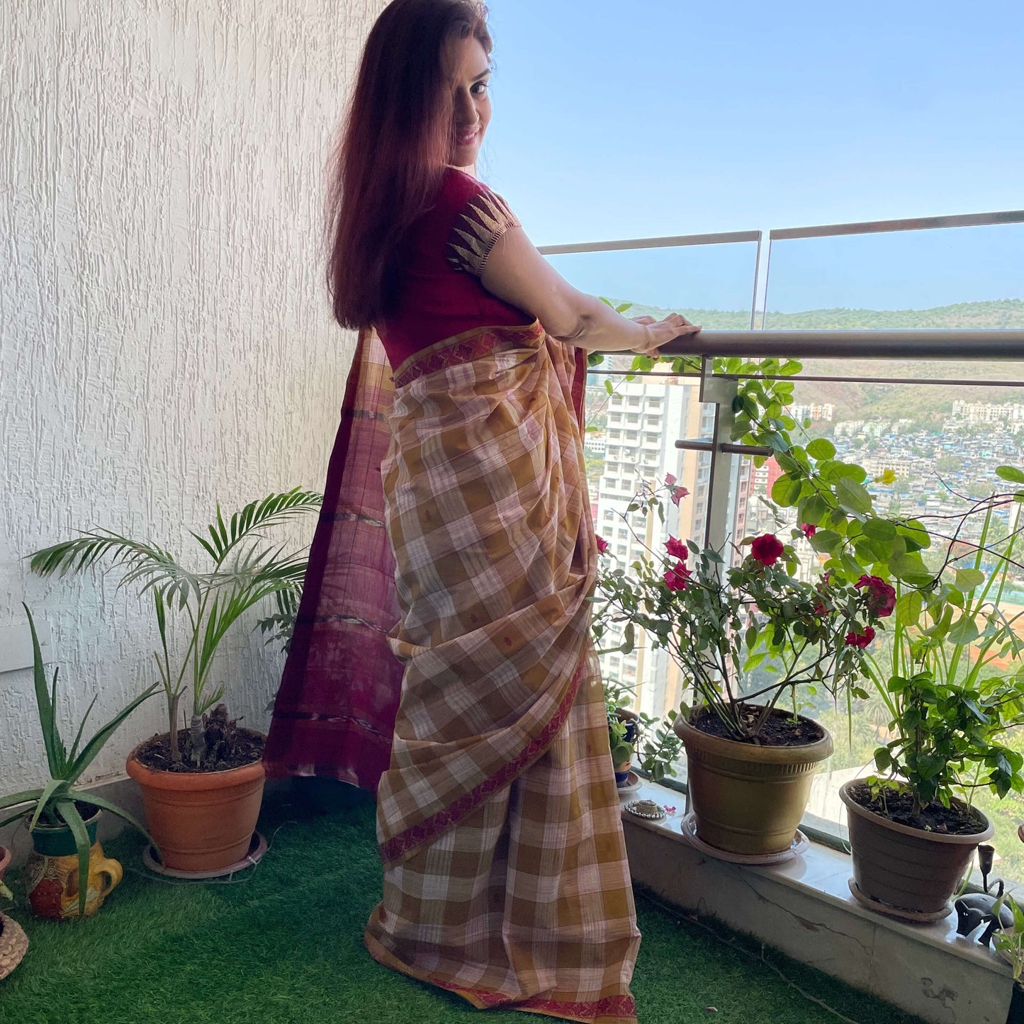 Brown checks Dobby ikkat cotton Saree