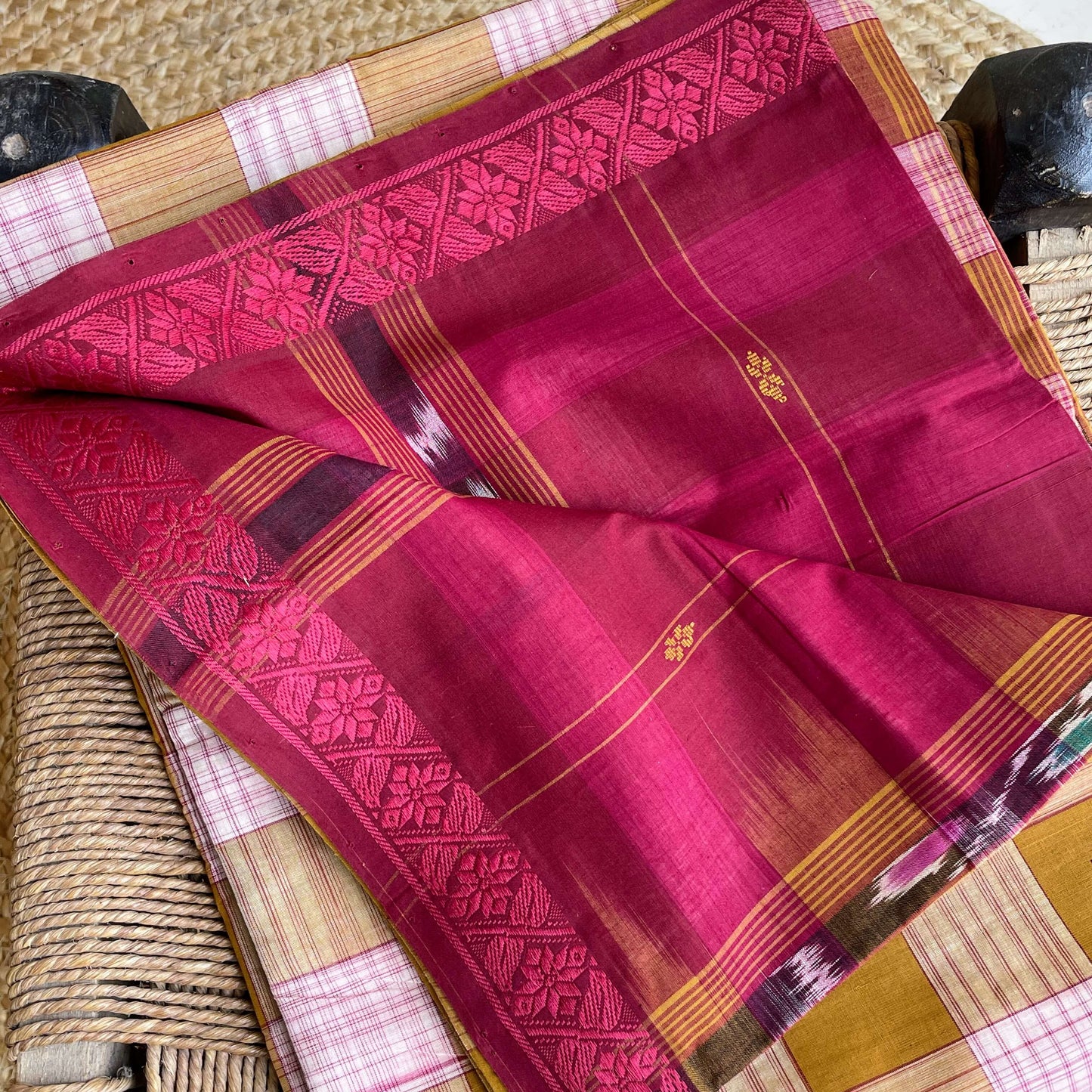 Brown checks Dobby ikkat cotton Saree