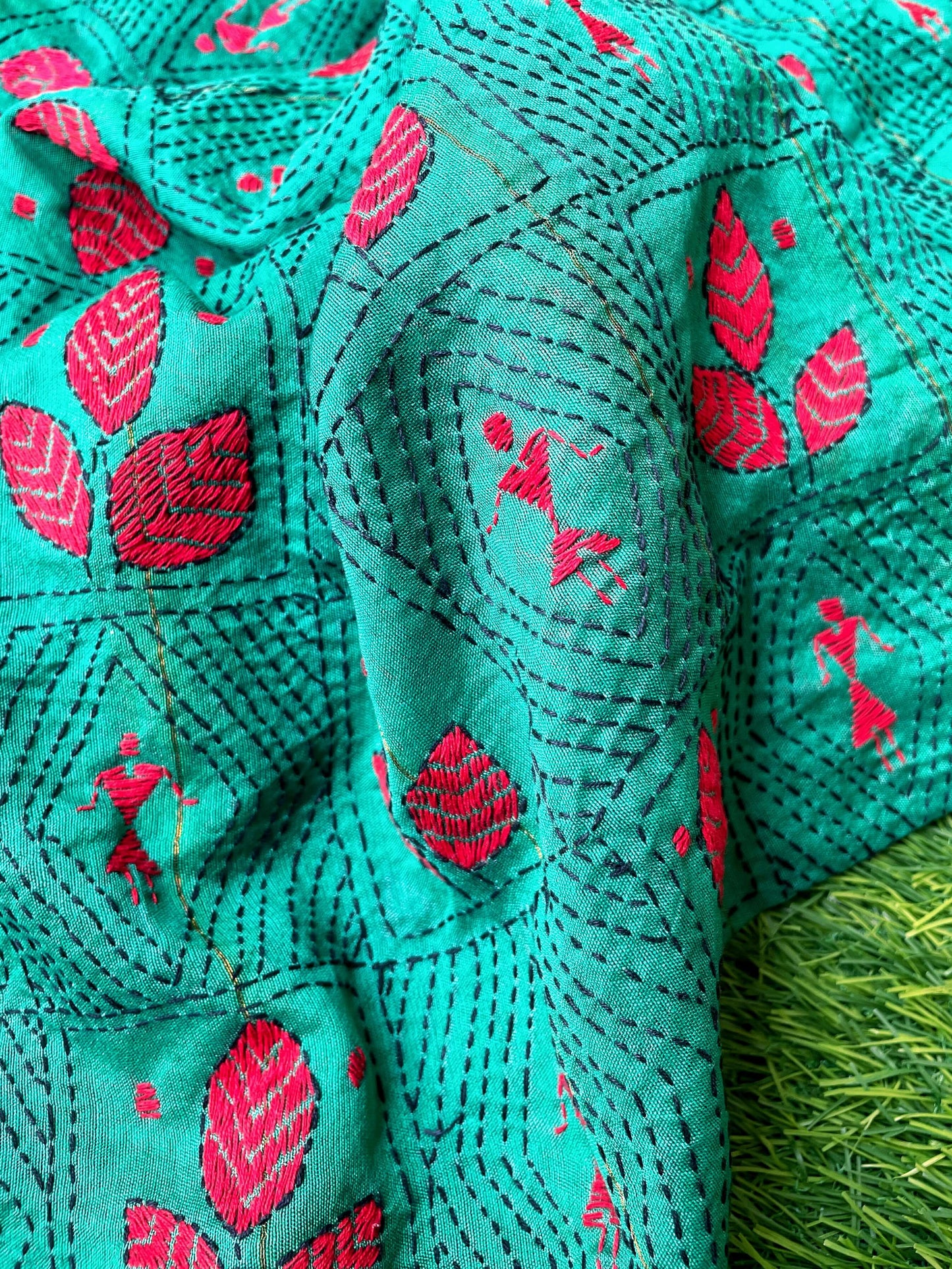 Green Chanderi kantha blouse fabric