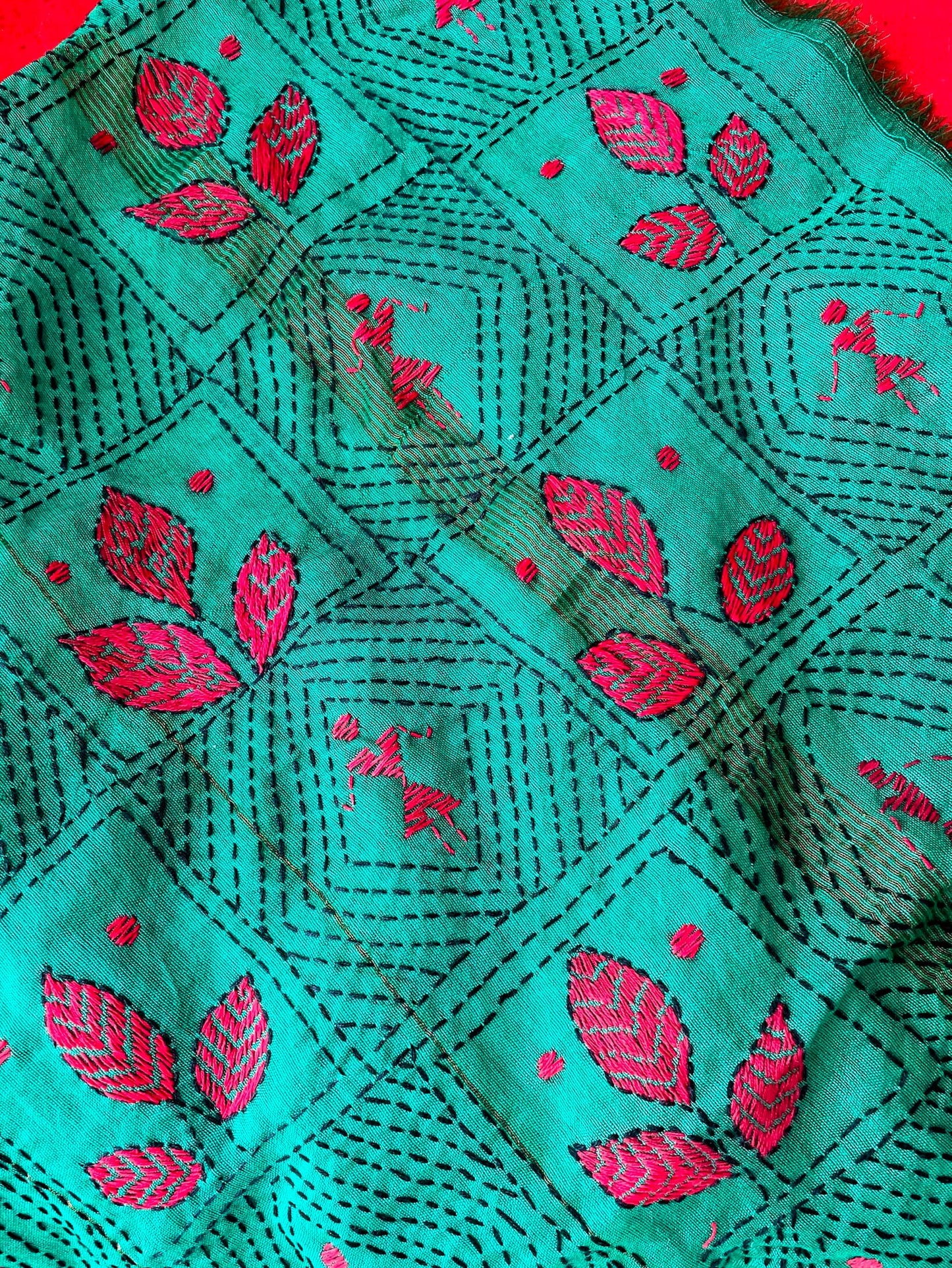 Green Chanderi kantha blouse fabric