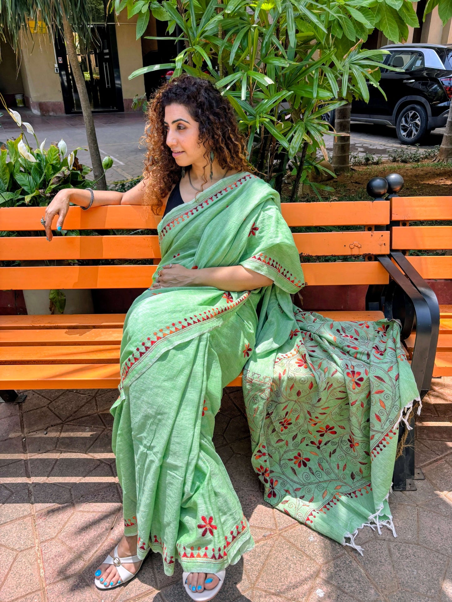 Green Kantha Embroidery cotton Saree | Handcrafted Sarees