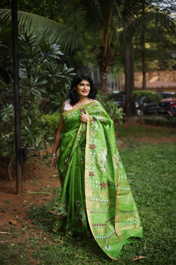 Green Kosa Silk with Kantha Stitch