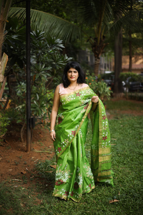 Green Kosa Silk with Kantha Stitch