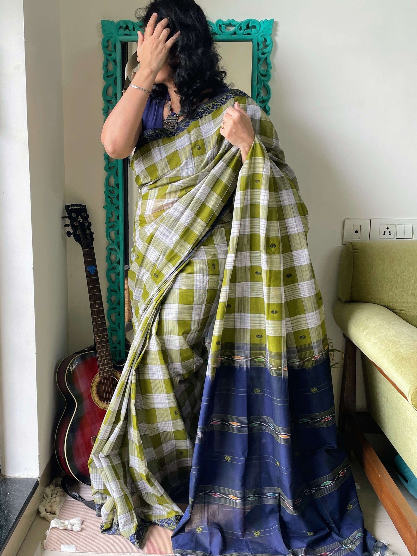 Green checks Dobby ikkat cotton Saree