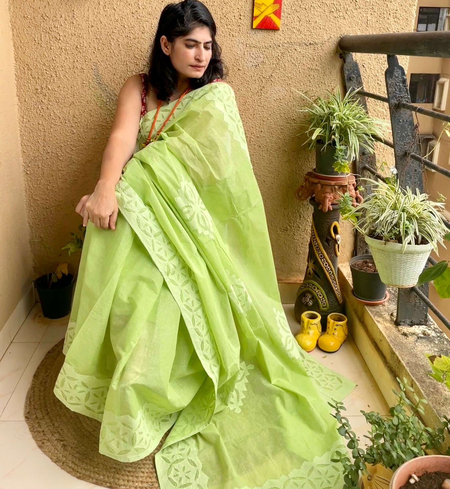 Green Applique Cotton Saree