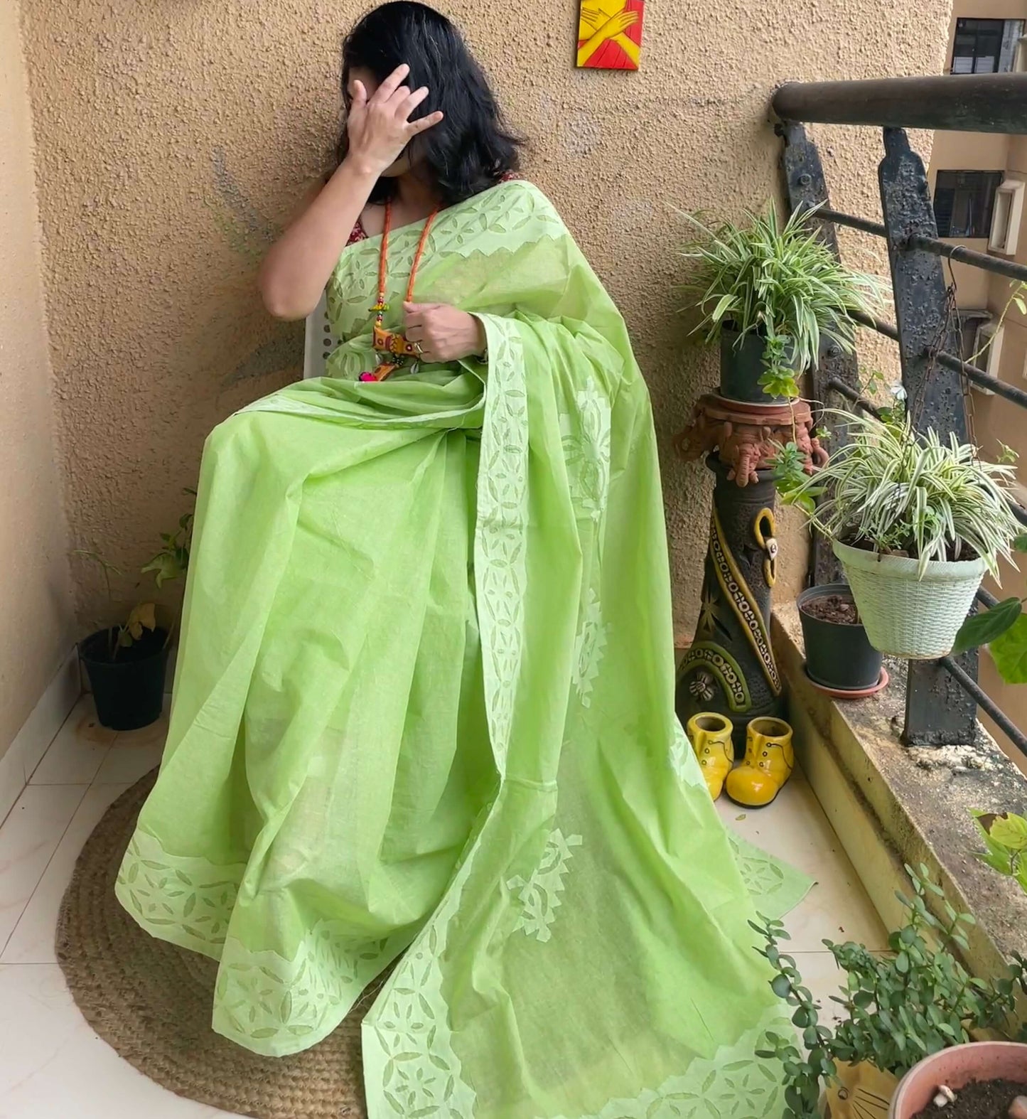 Green Applique Cotton Saree