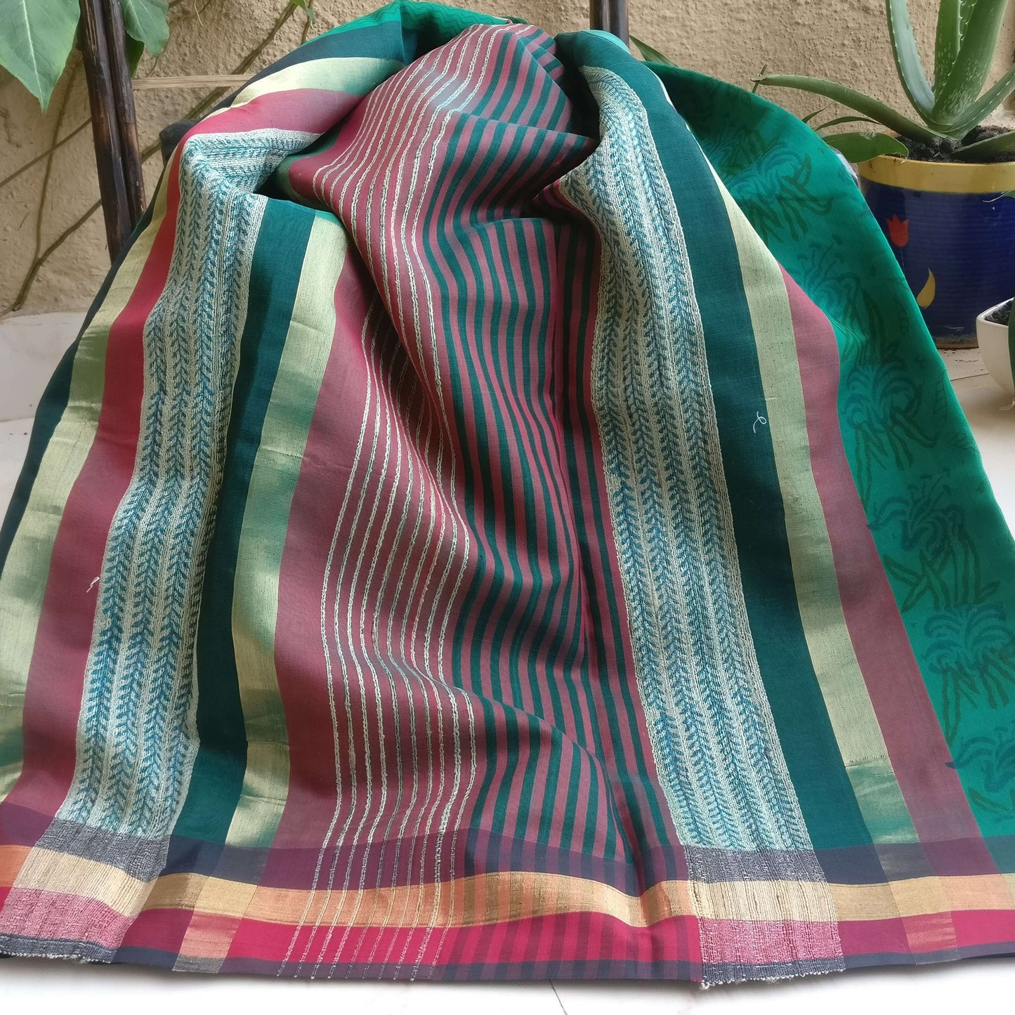 Green Maheshwari Block print Saree
