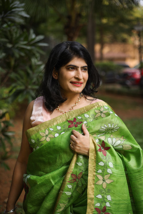 Green Kosa Silk with Kantha Stitch