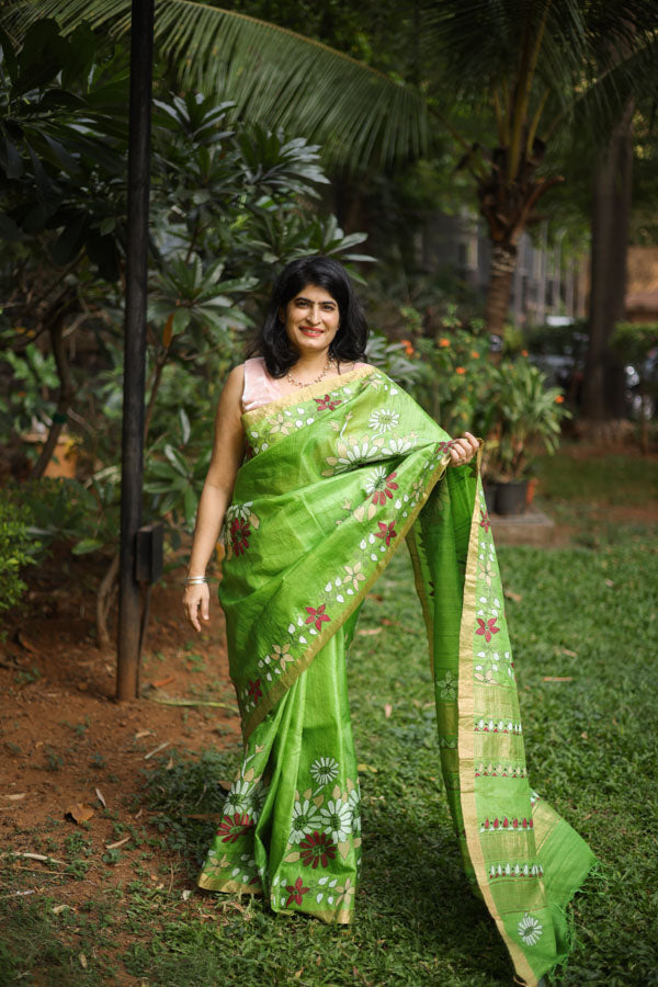 Green Kosa Silk with Kantha Stitch