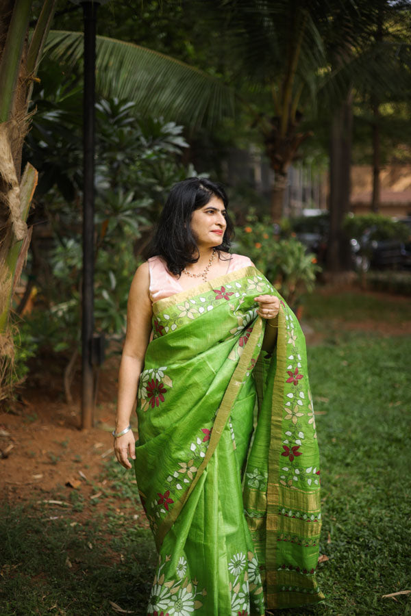 Green Kosa Silk with Kantha Stitch