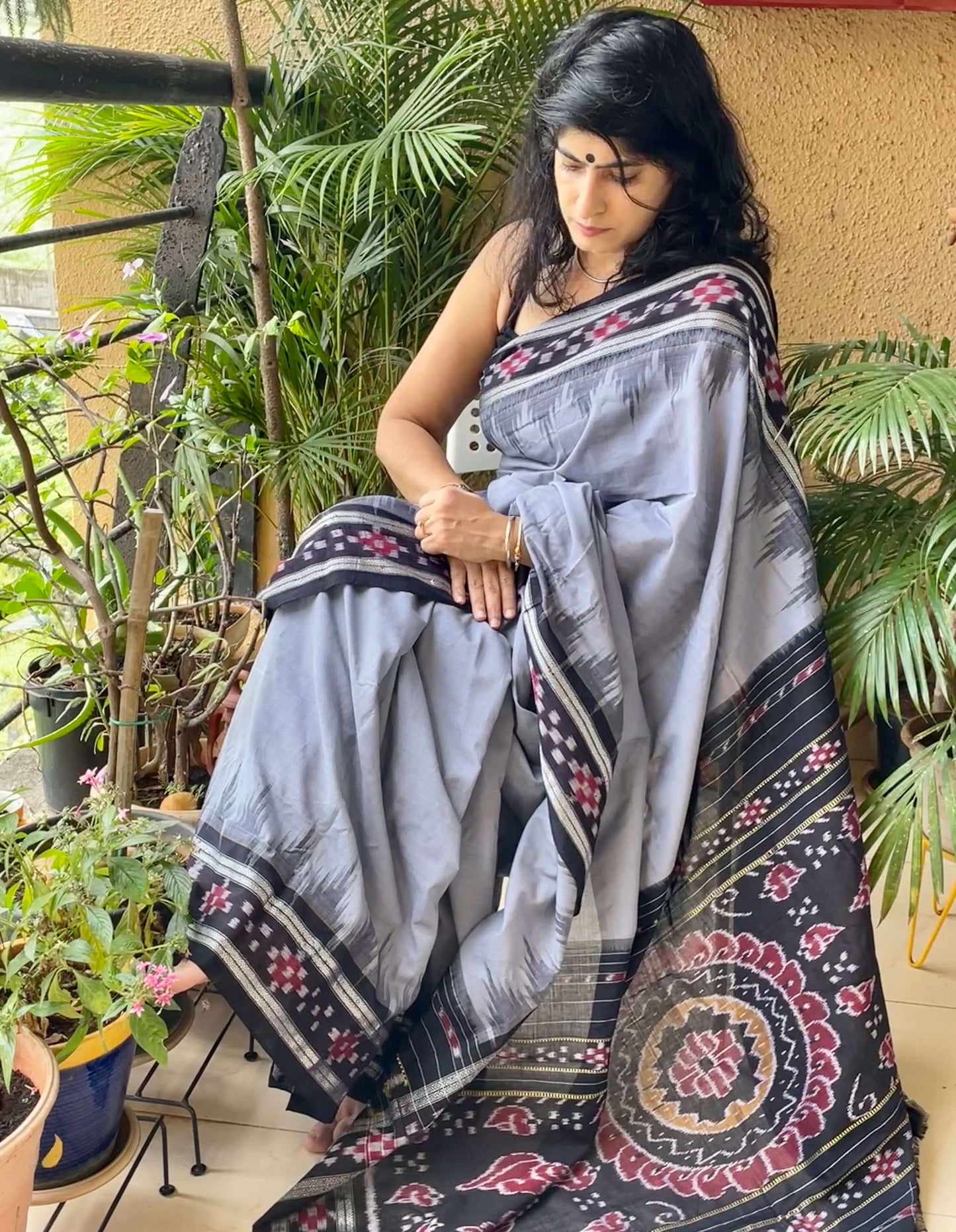 Grey Bandha Ikat Cotton Saree