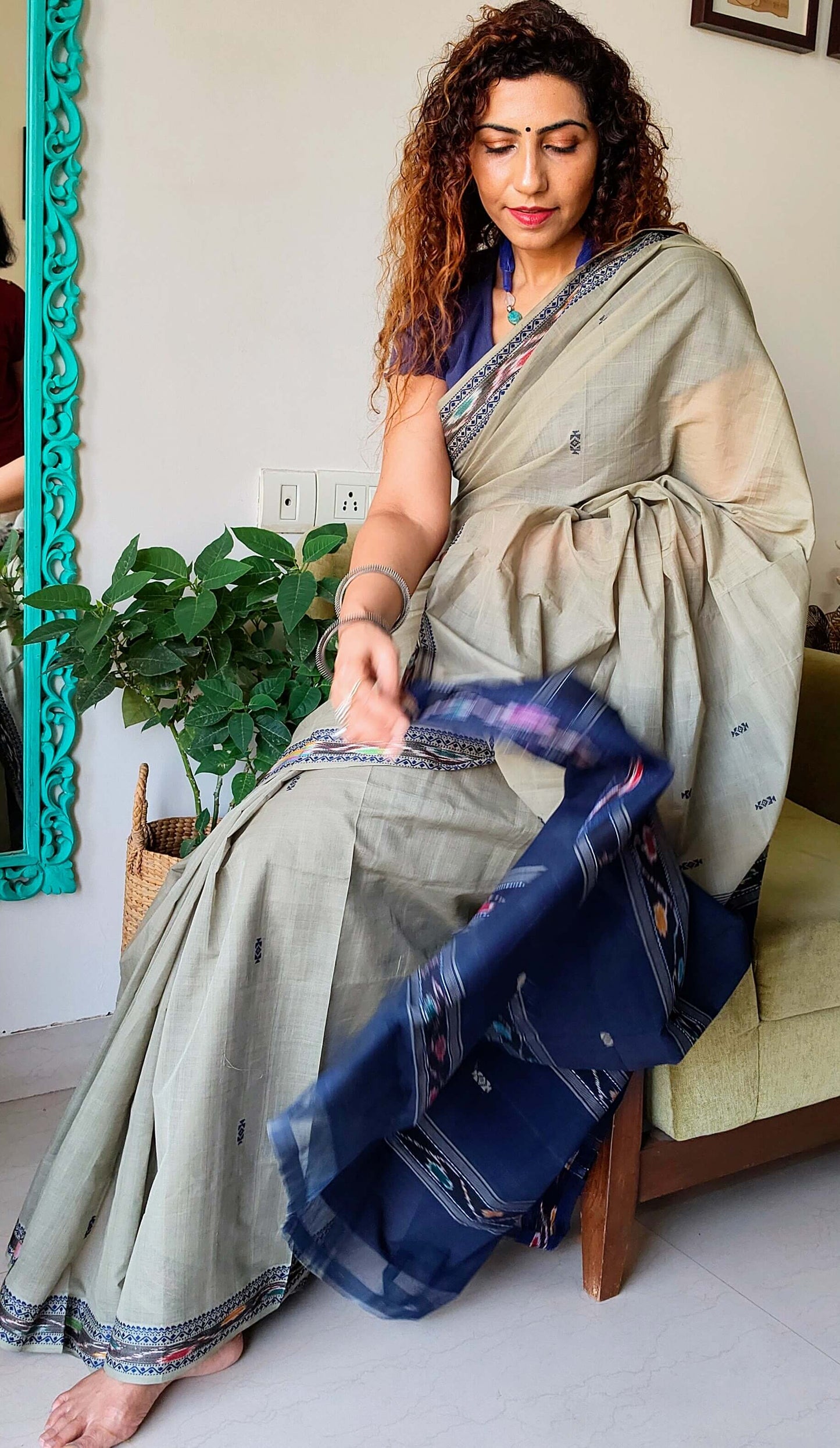 Grey Dobby ikkat cotton Saree