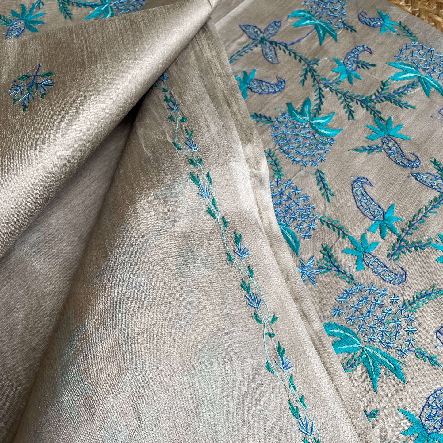 Dark grey Silk Sozni kashmiri saree