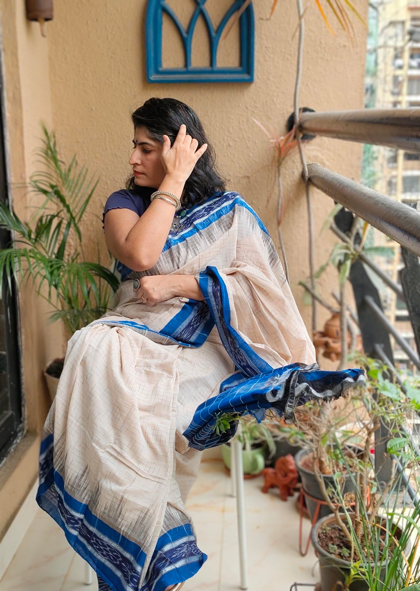 Jharna ikat White blue Cotton Saree