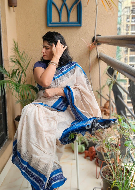 Jharna ikat White blue Cotton Saree