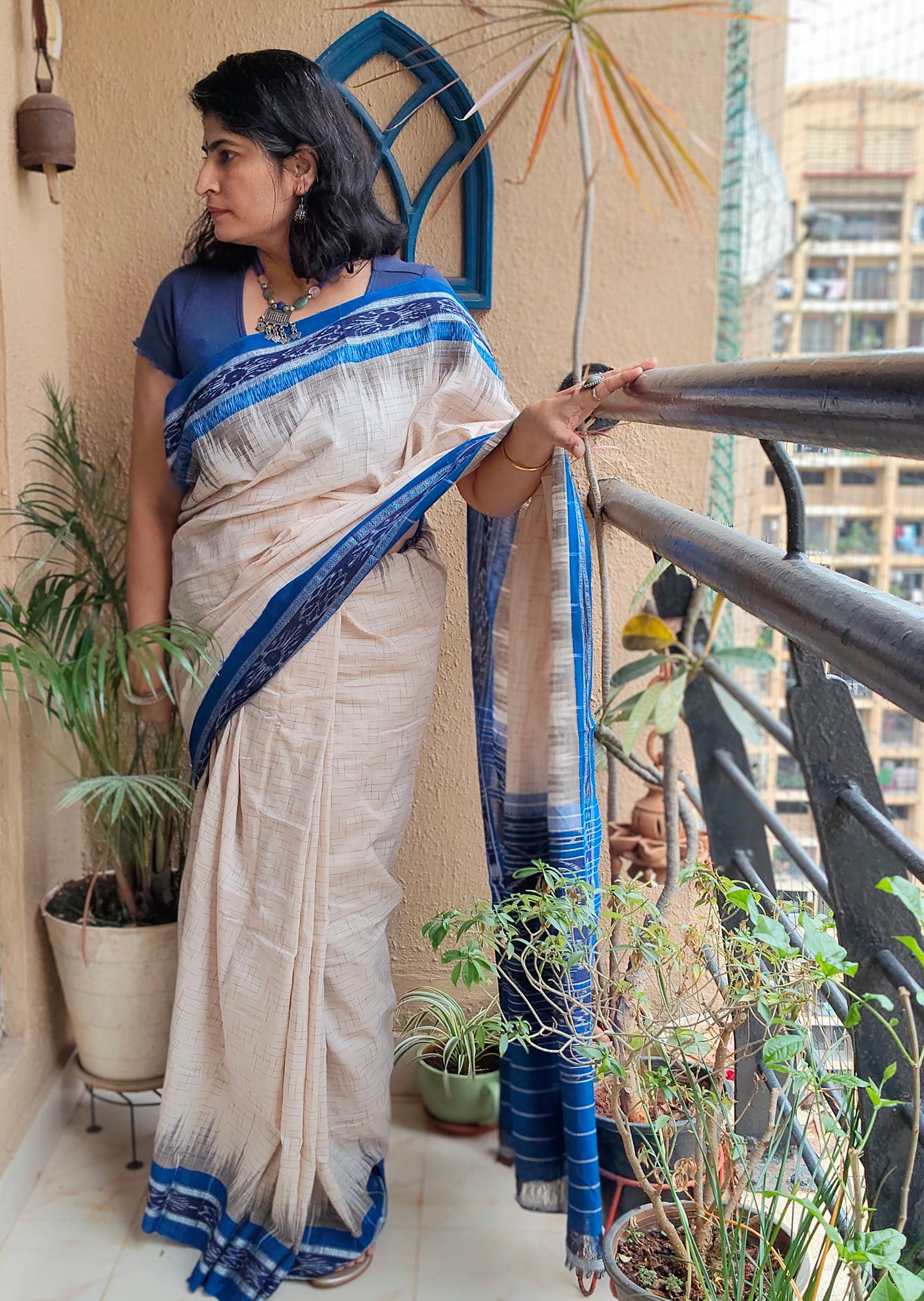 Jharna ikat White blue Cotton Saree