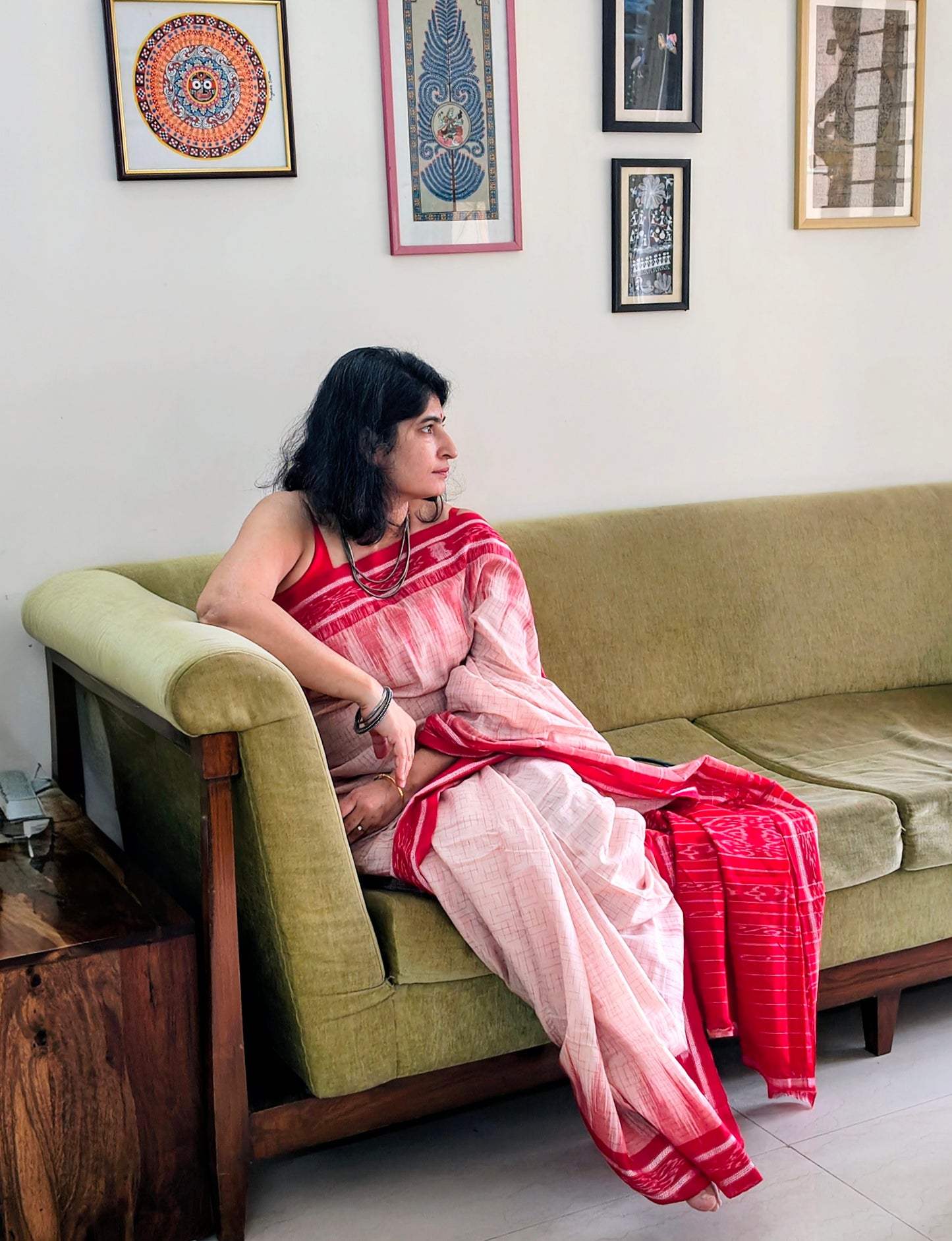 Jharna ikat White red Cotton Saree