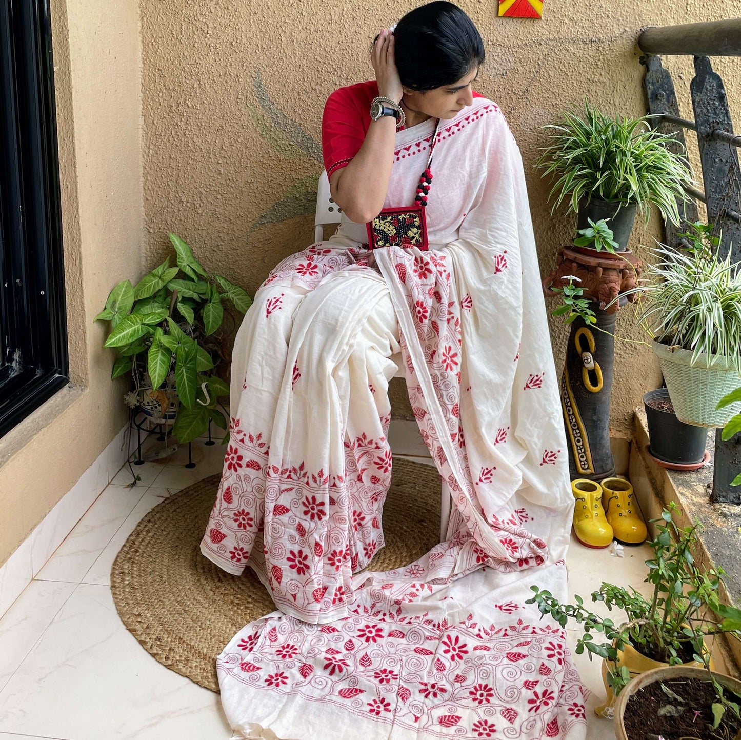 Off White red cotton Kantha saree