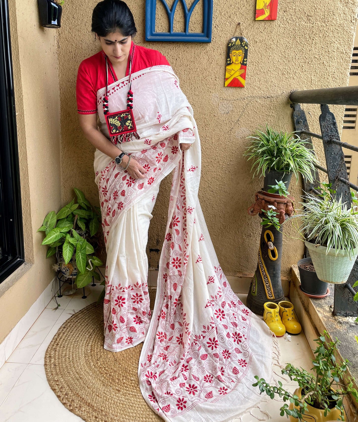 Off White red cotton Kantha saree