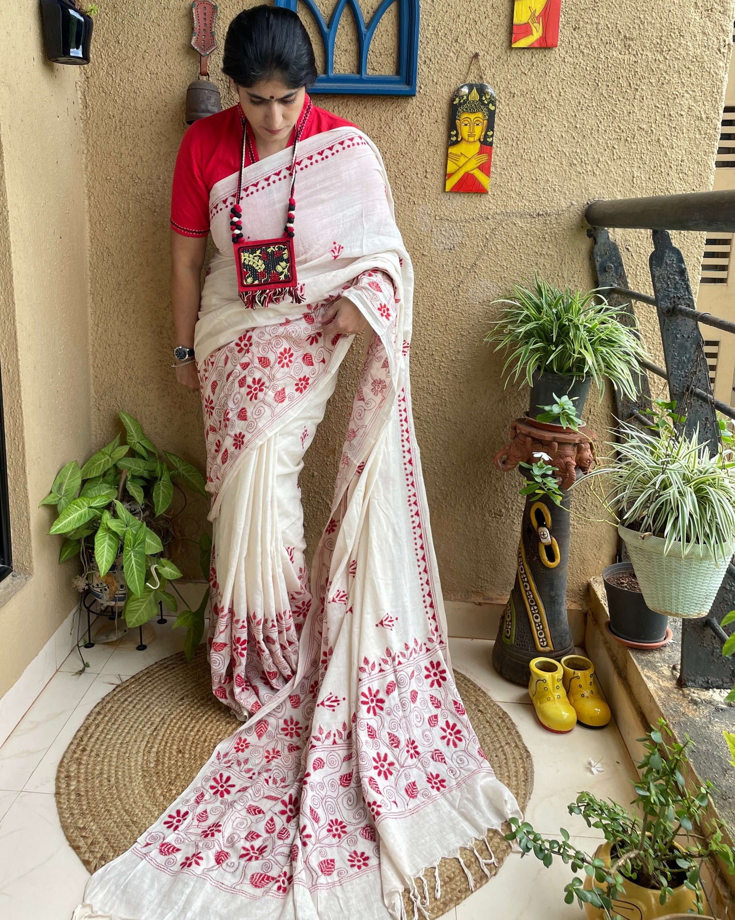 Off White red cotton Kantha saree