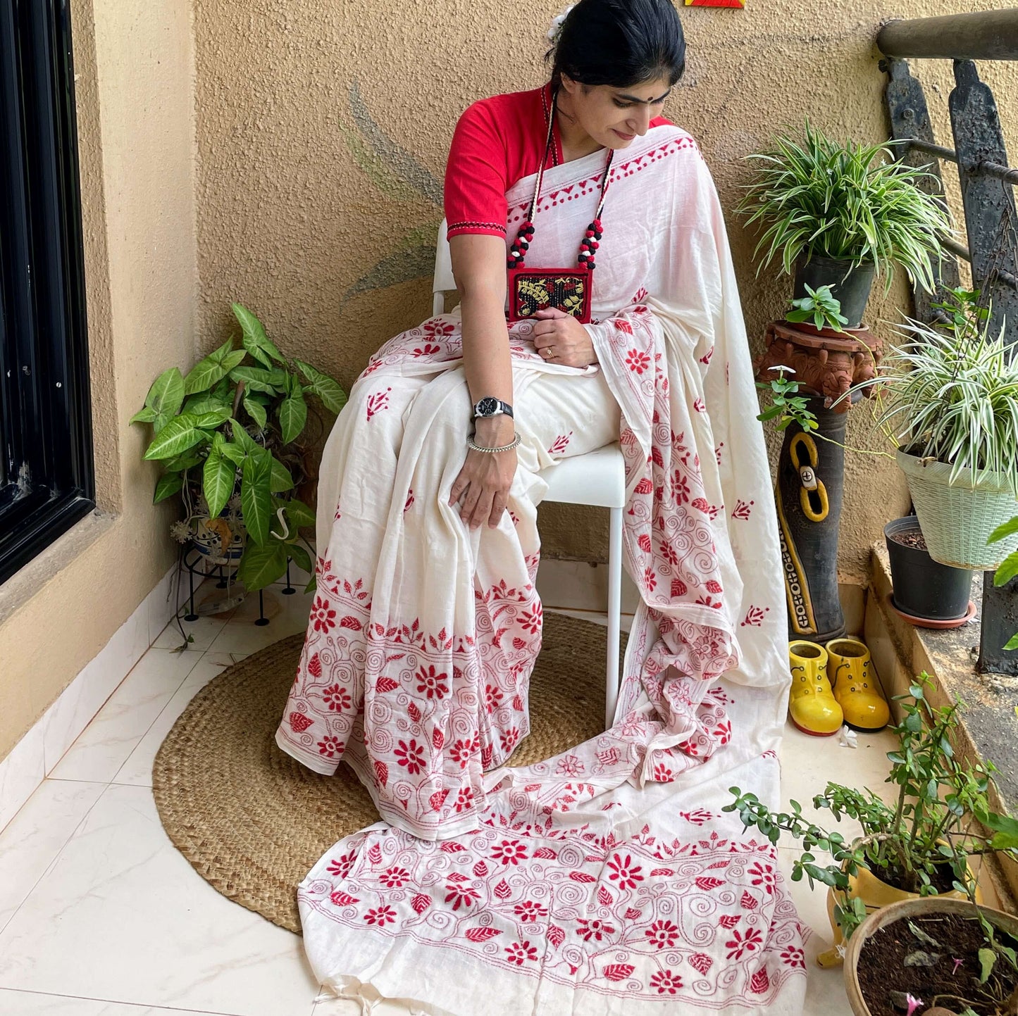 Off White red cotton Kantha saree