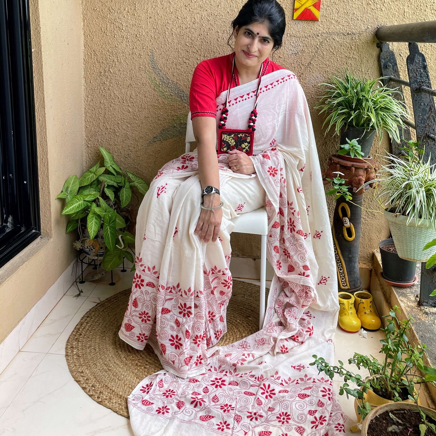 Off White red cotton Kantha saree