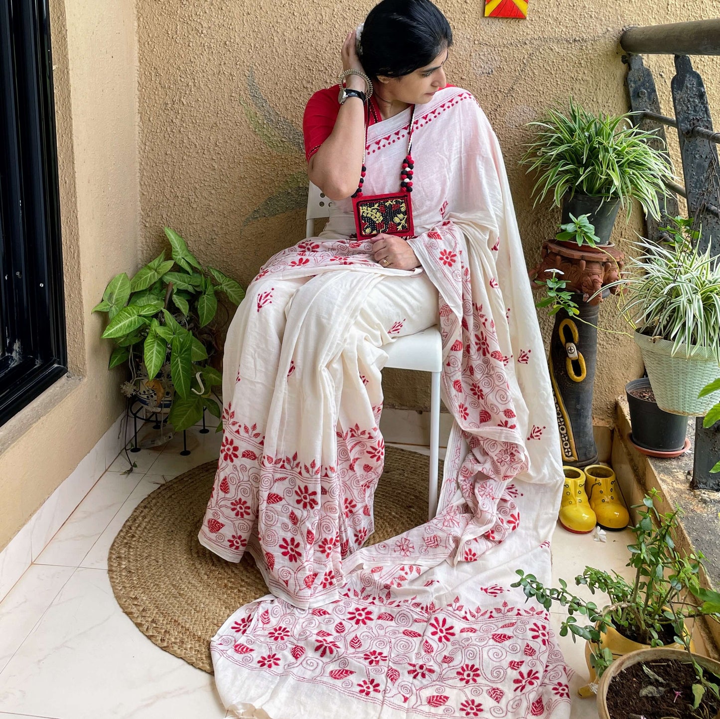 Off White red cotton Kantha saree