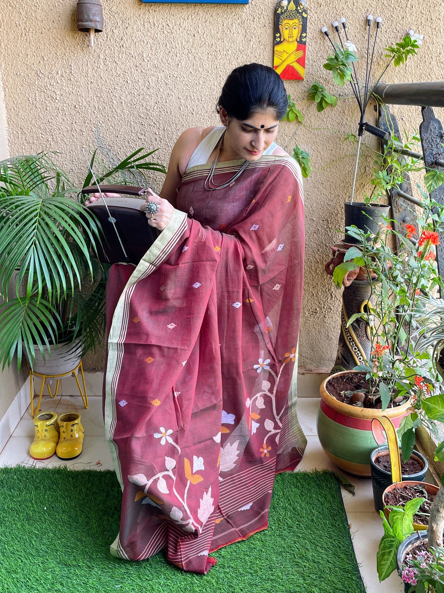 Maroon Jamdani cotton saree