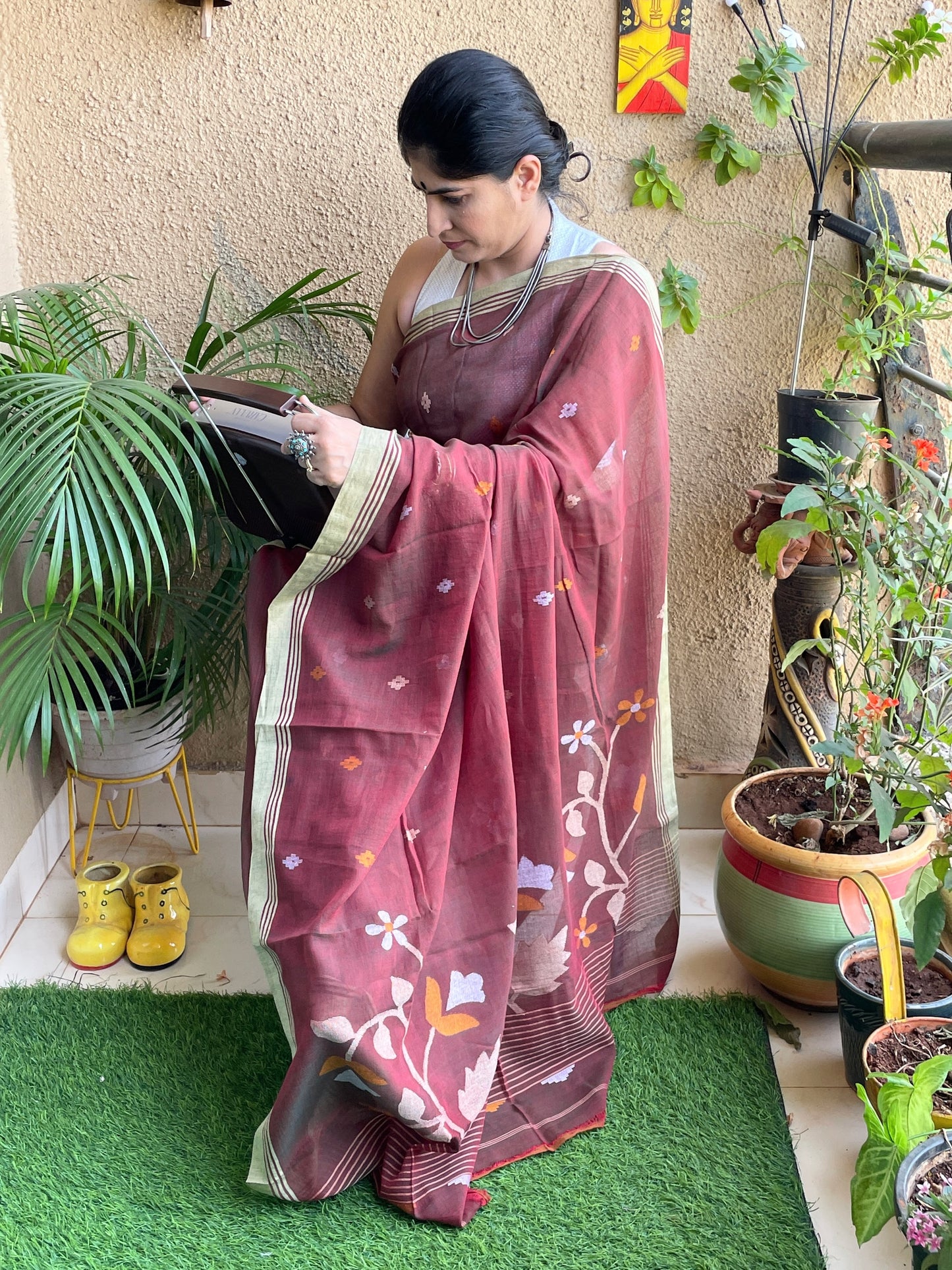 Maroon Jamdani cotton saree