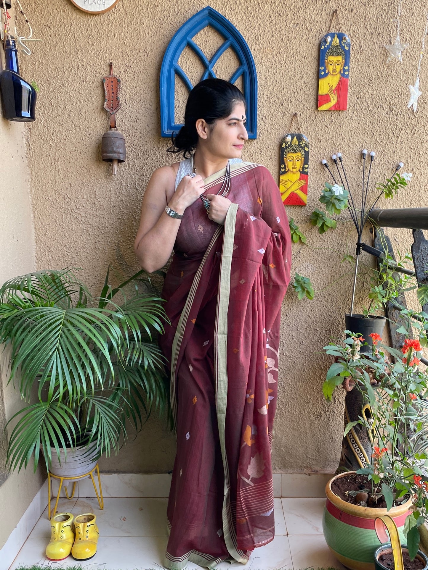 Maroon Jamdani cotton saree