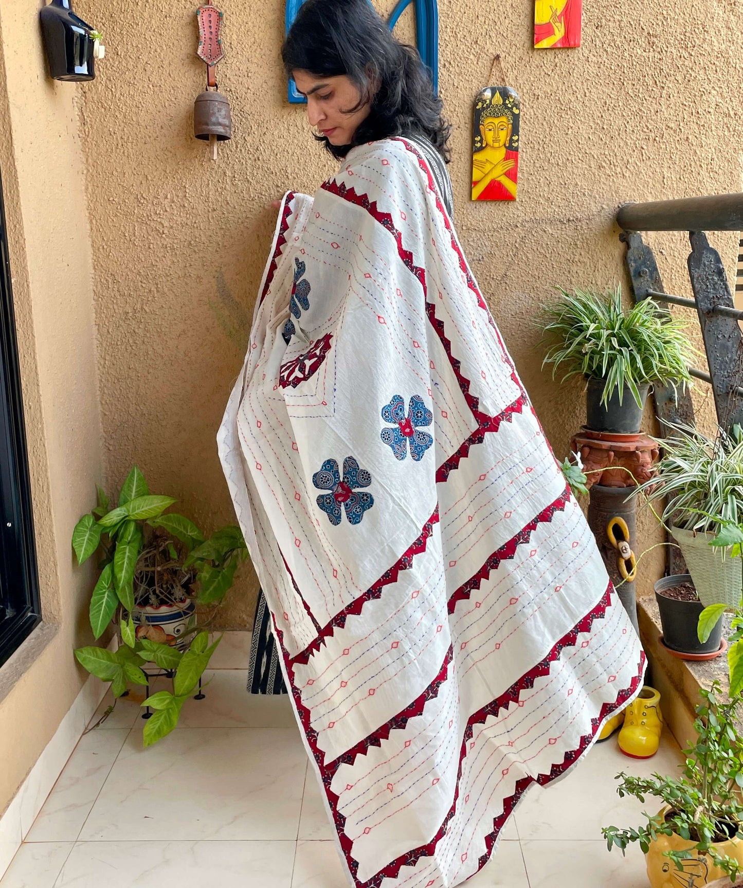 Maroon indigo Applique Dupatta