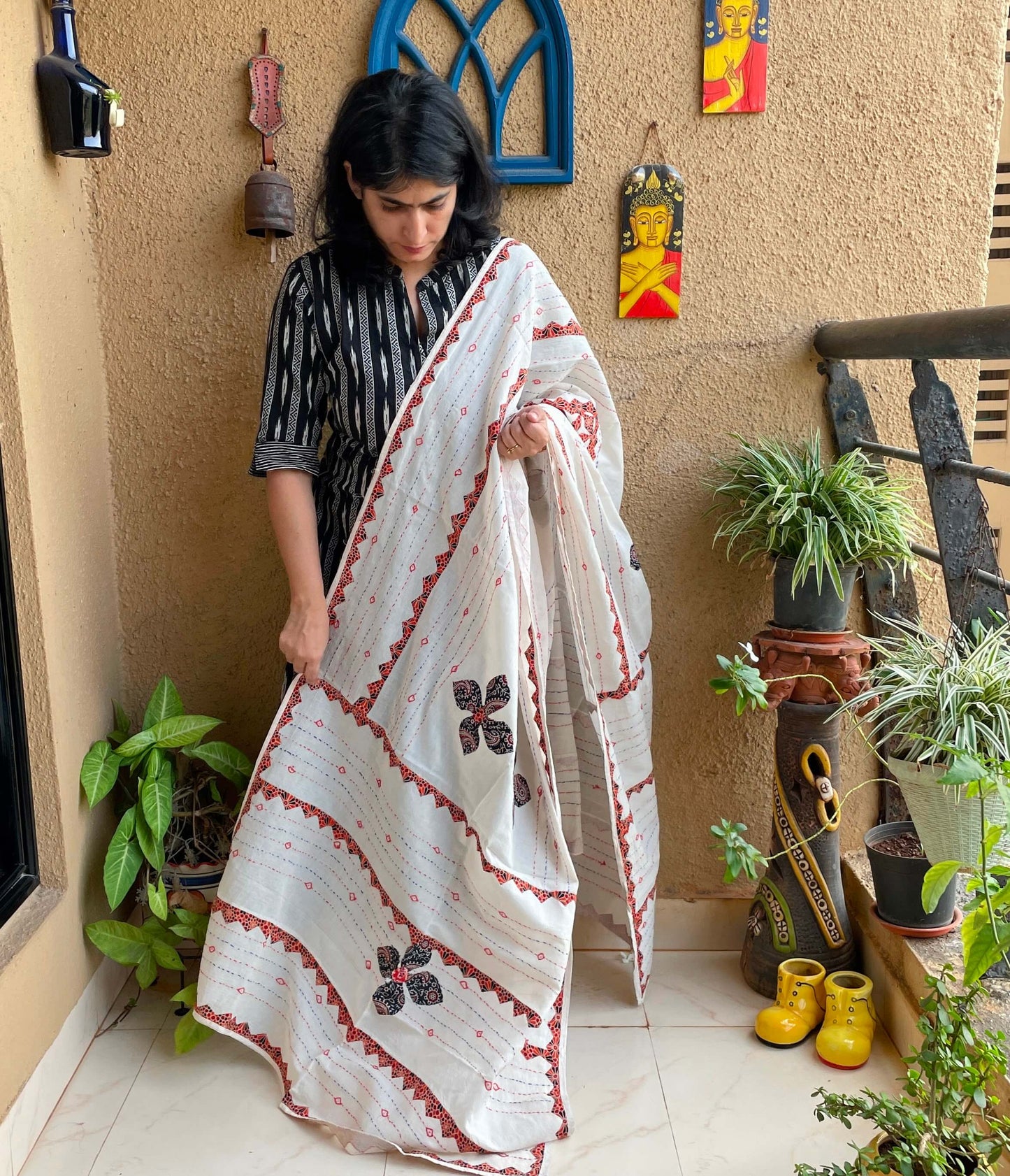 orange indigo applique dupatta 