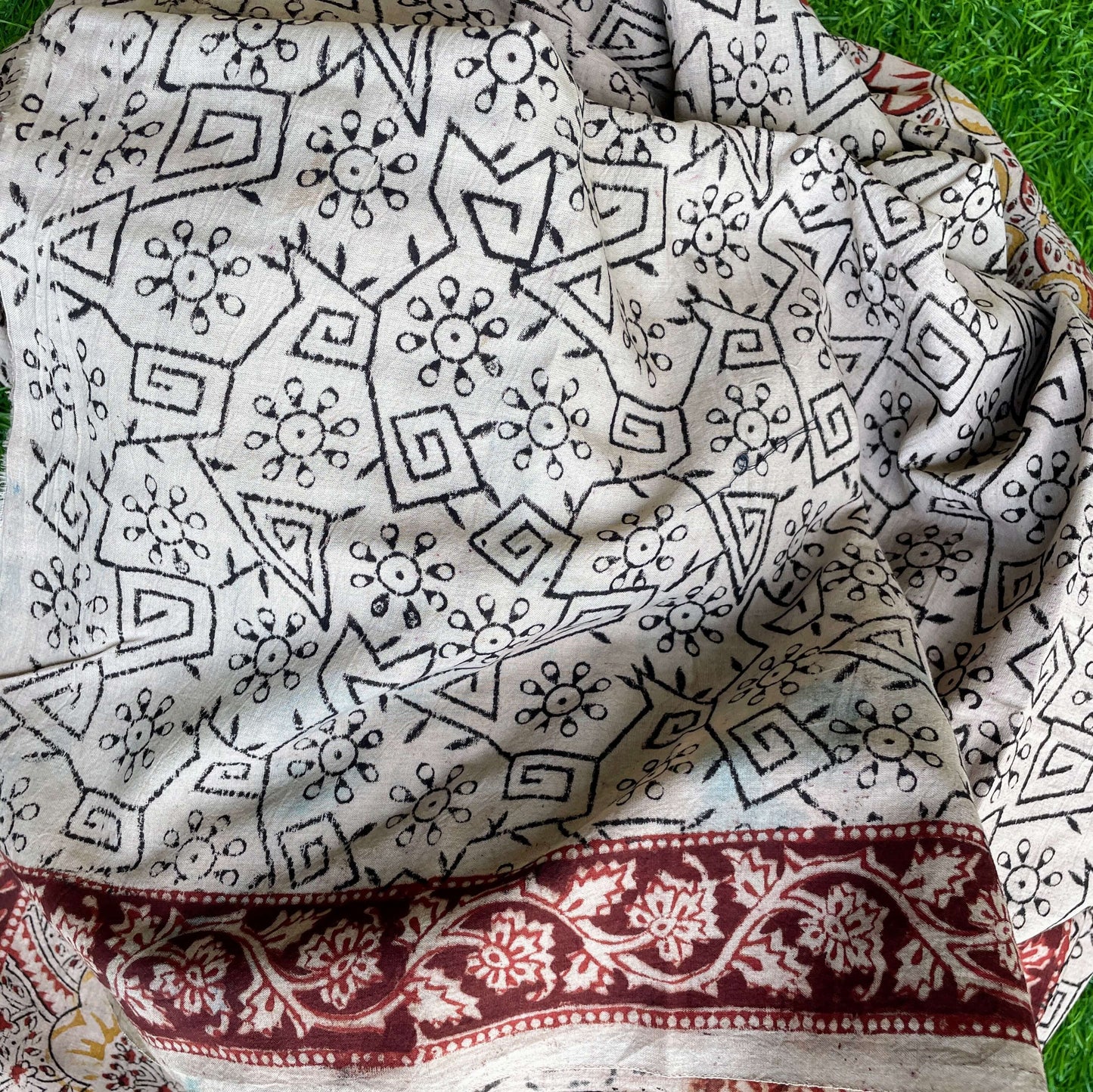 Paisley Kalamkari block print Cotton sari