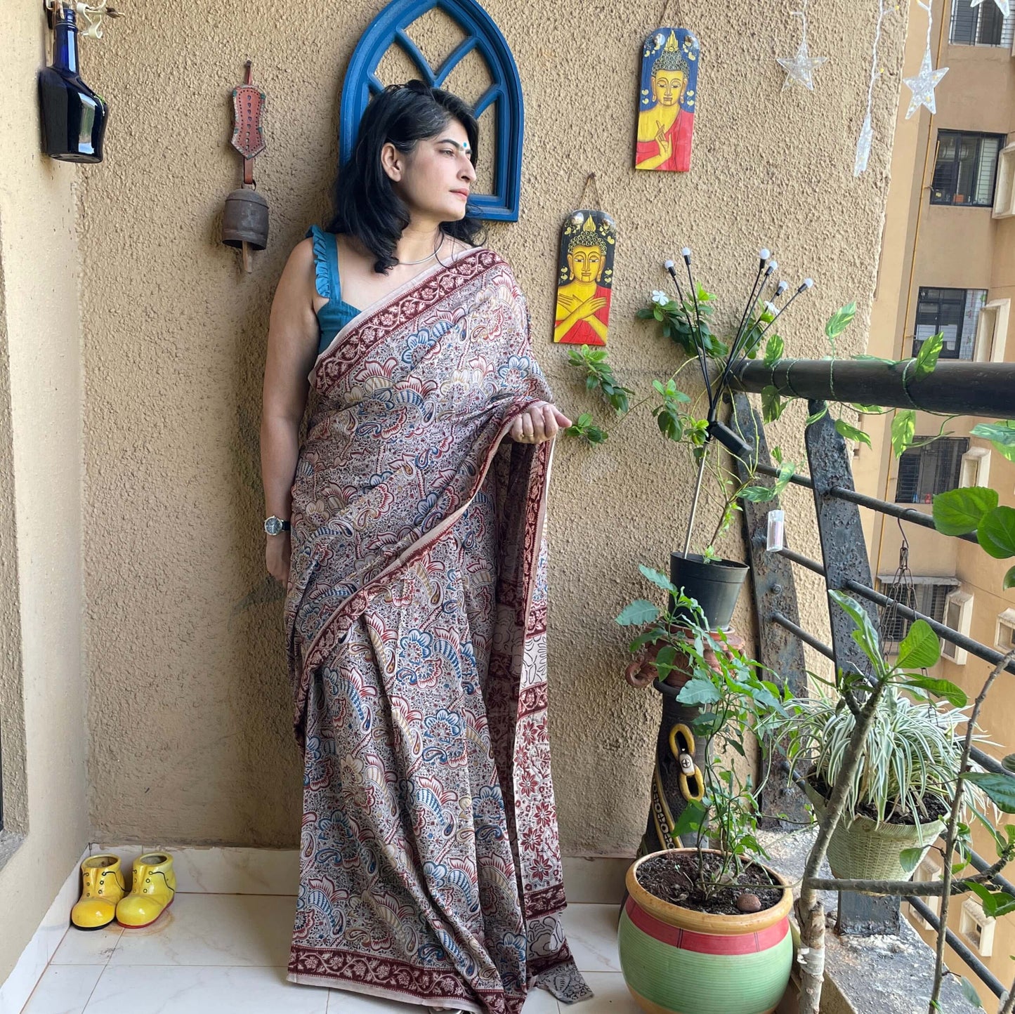 Paisley Kalamkari block print Cotton sari