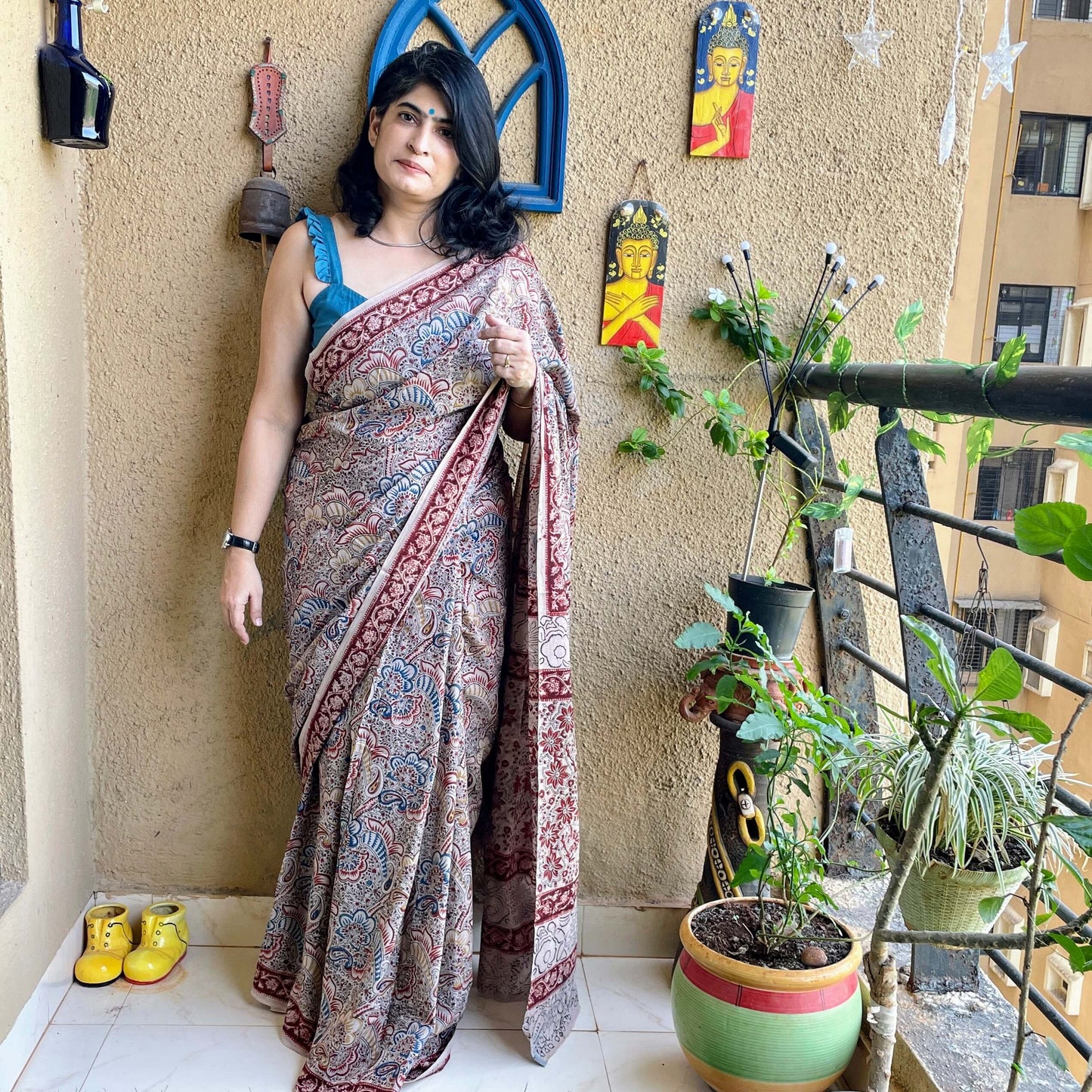 Paisley Kalamkari block print Cotton sari