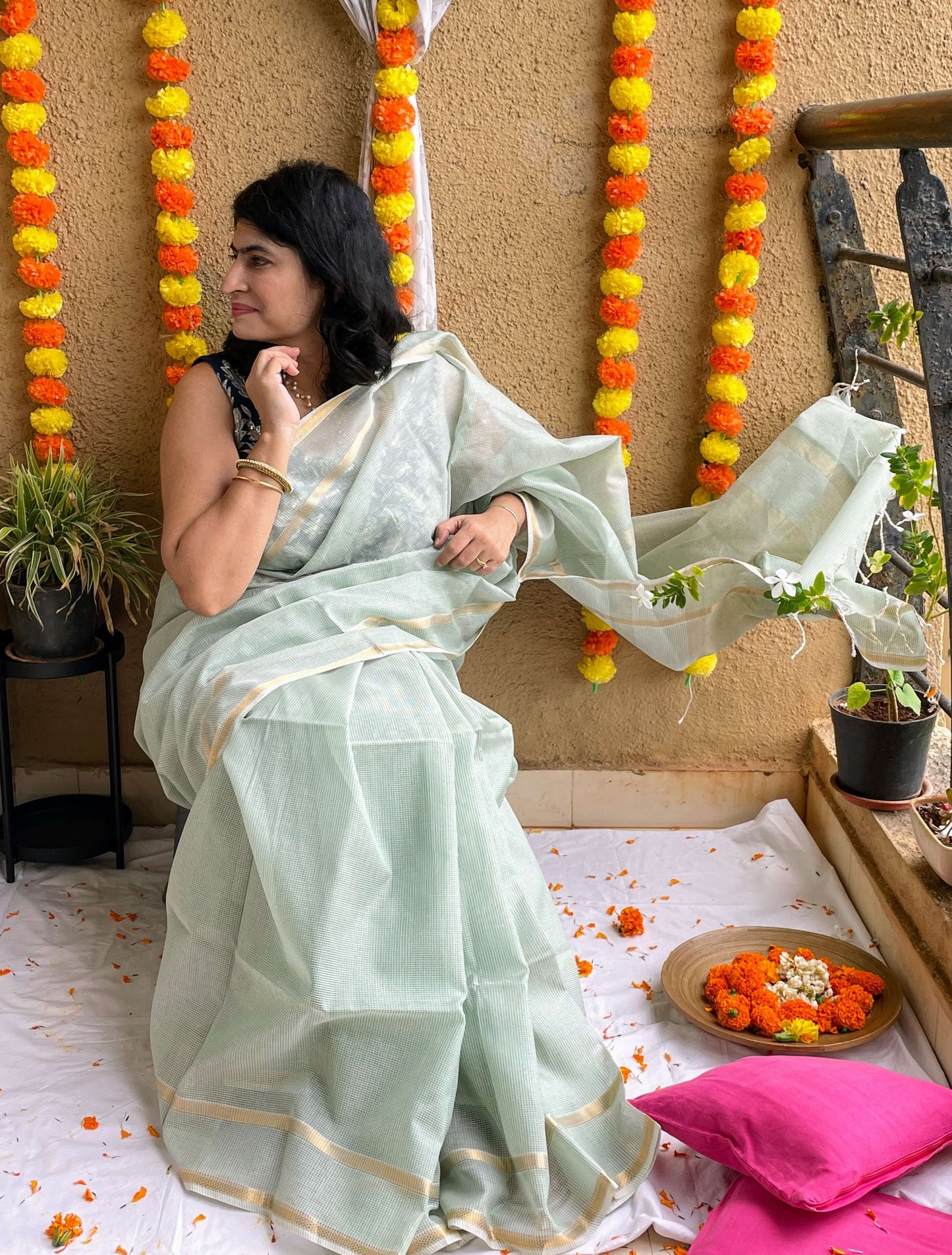 Pastel green maheshwari cotton silk saree with zari