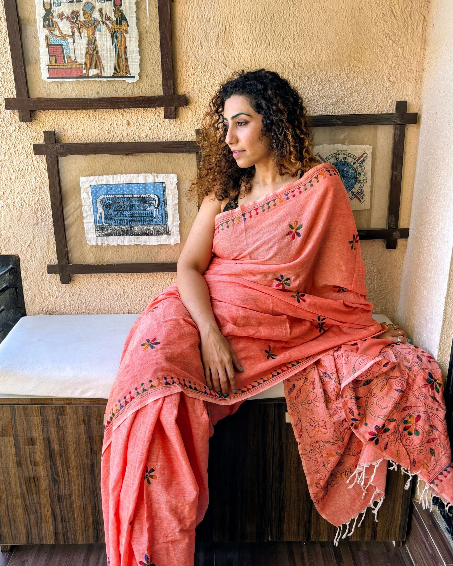 Peach Kantha Embroidery cotton Saree | Handcrafted Sarees