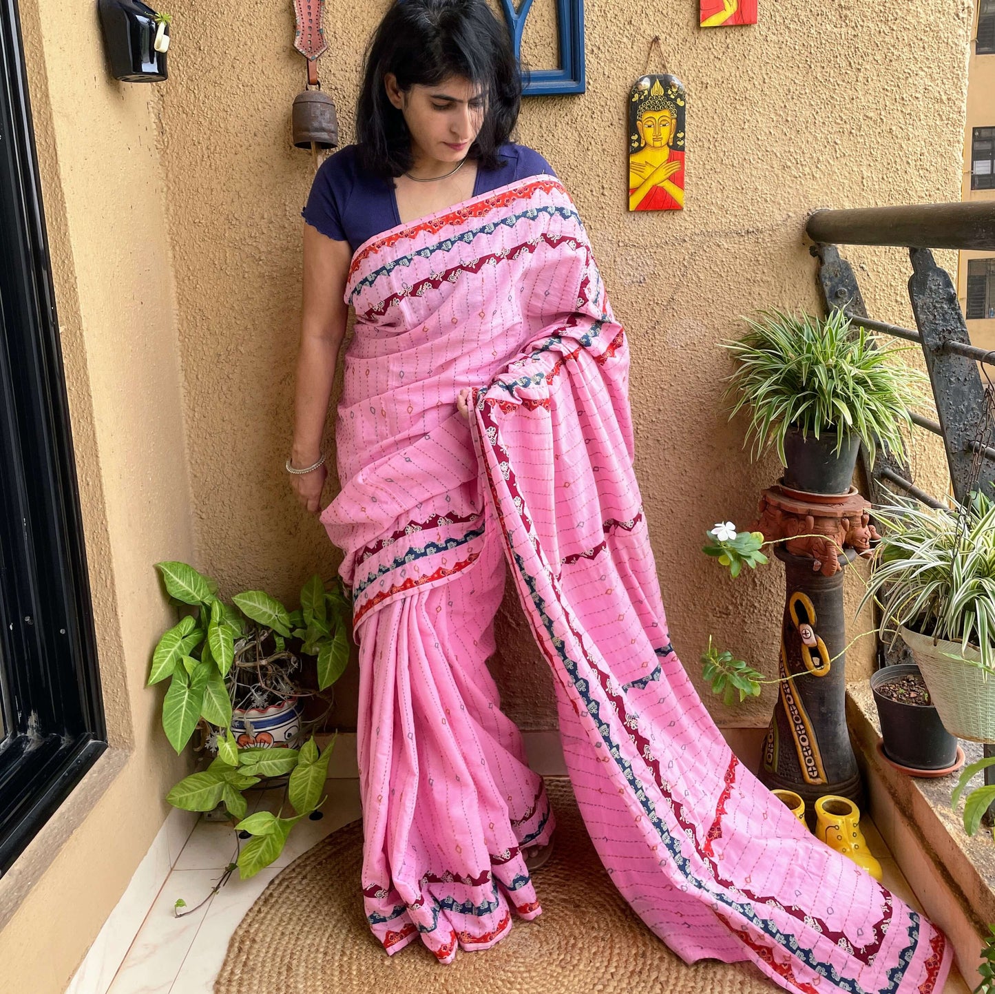 Pink Applique Cotton with kantha