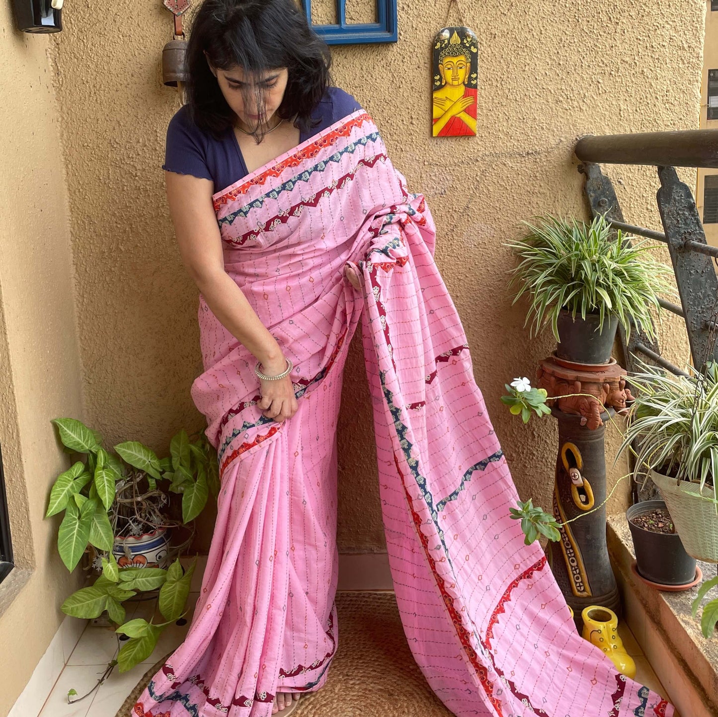 Pink Applique Cotton with kantha