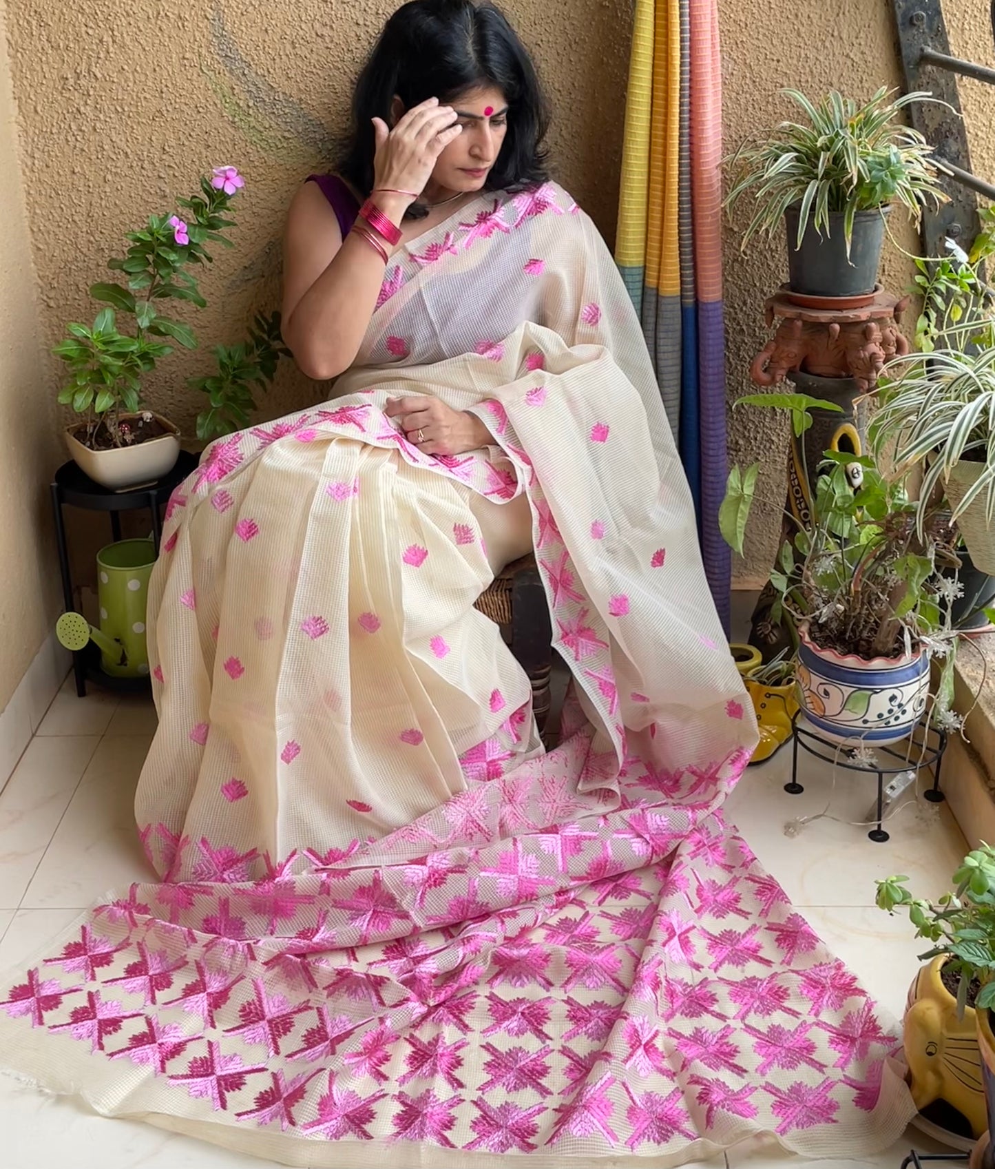 Beige pink Phulkari embroidery Saree I Punjabi delight