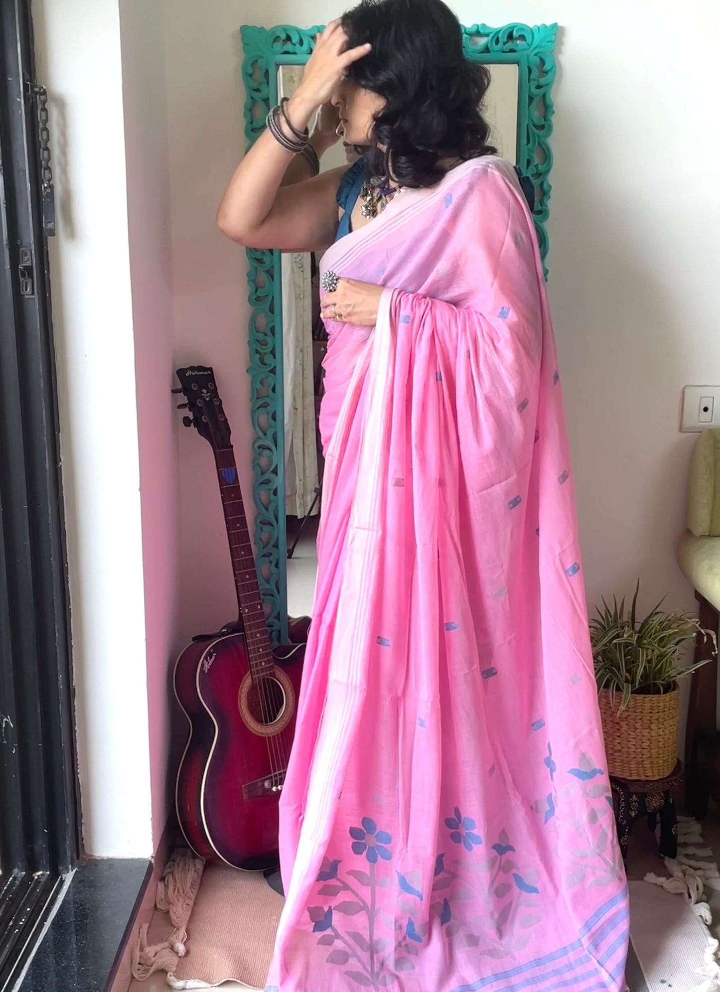 Pink Jamdani cotton saree