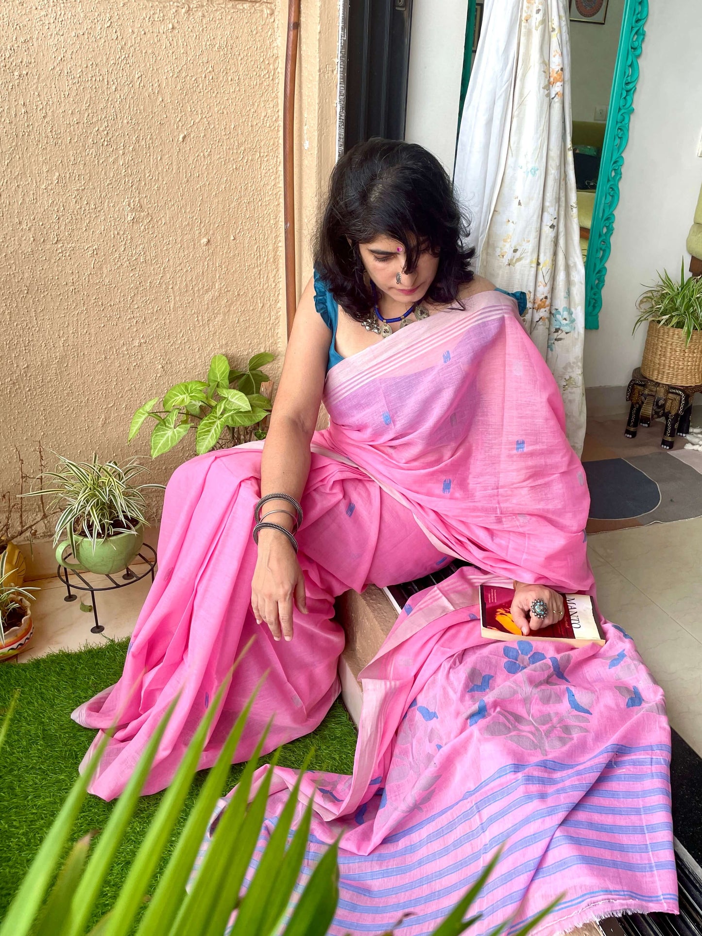 Pink Jamdani cotton saree
