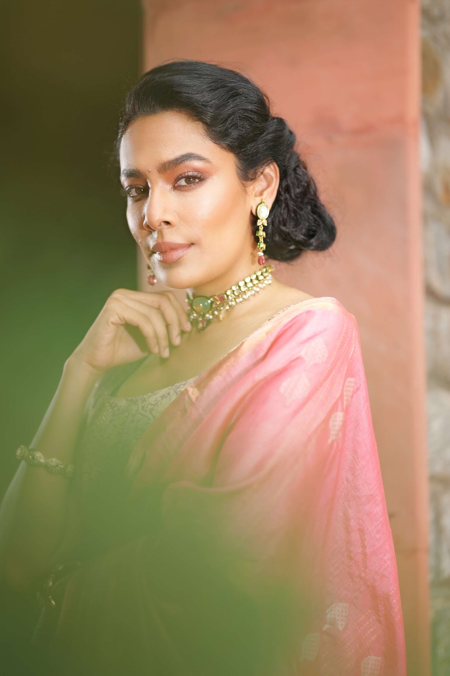 Pink Kosa silk with gold booti