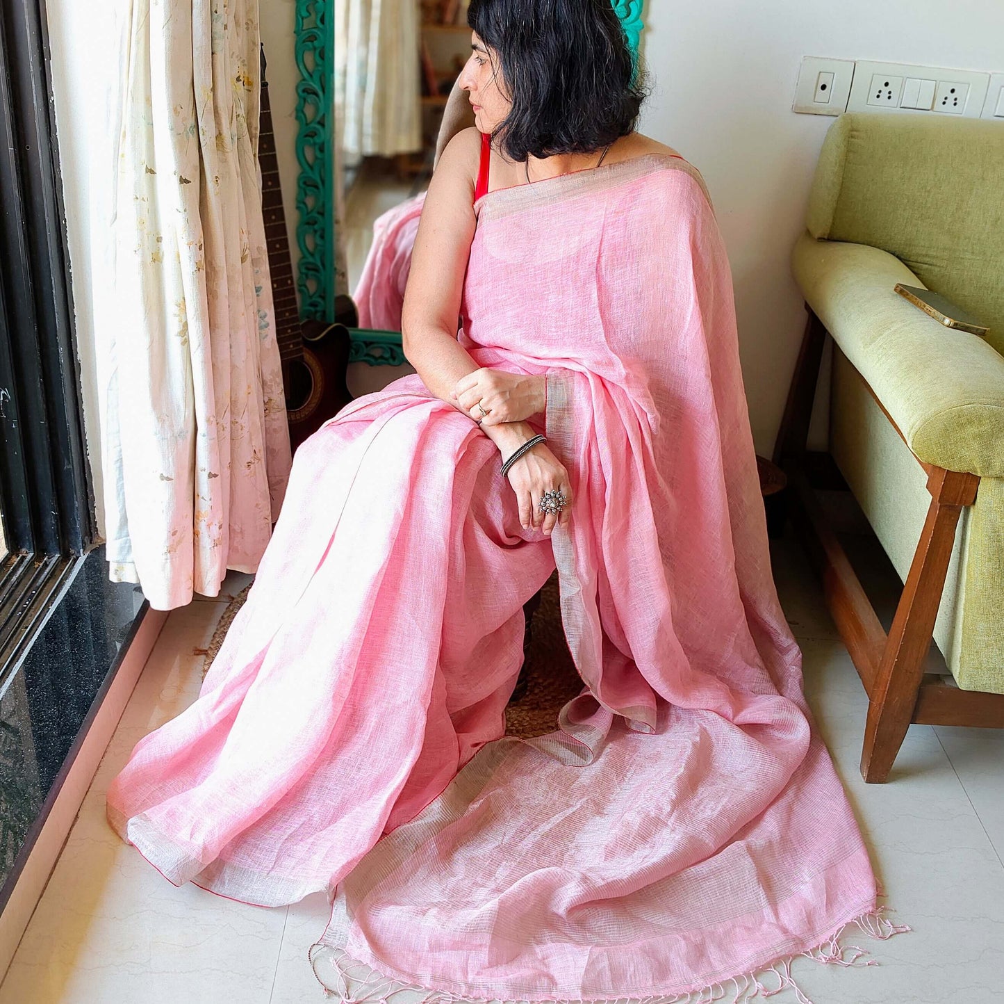 Pink Linen Saree with Zari border