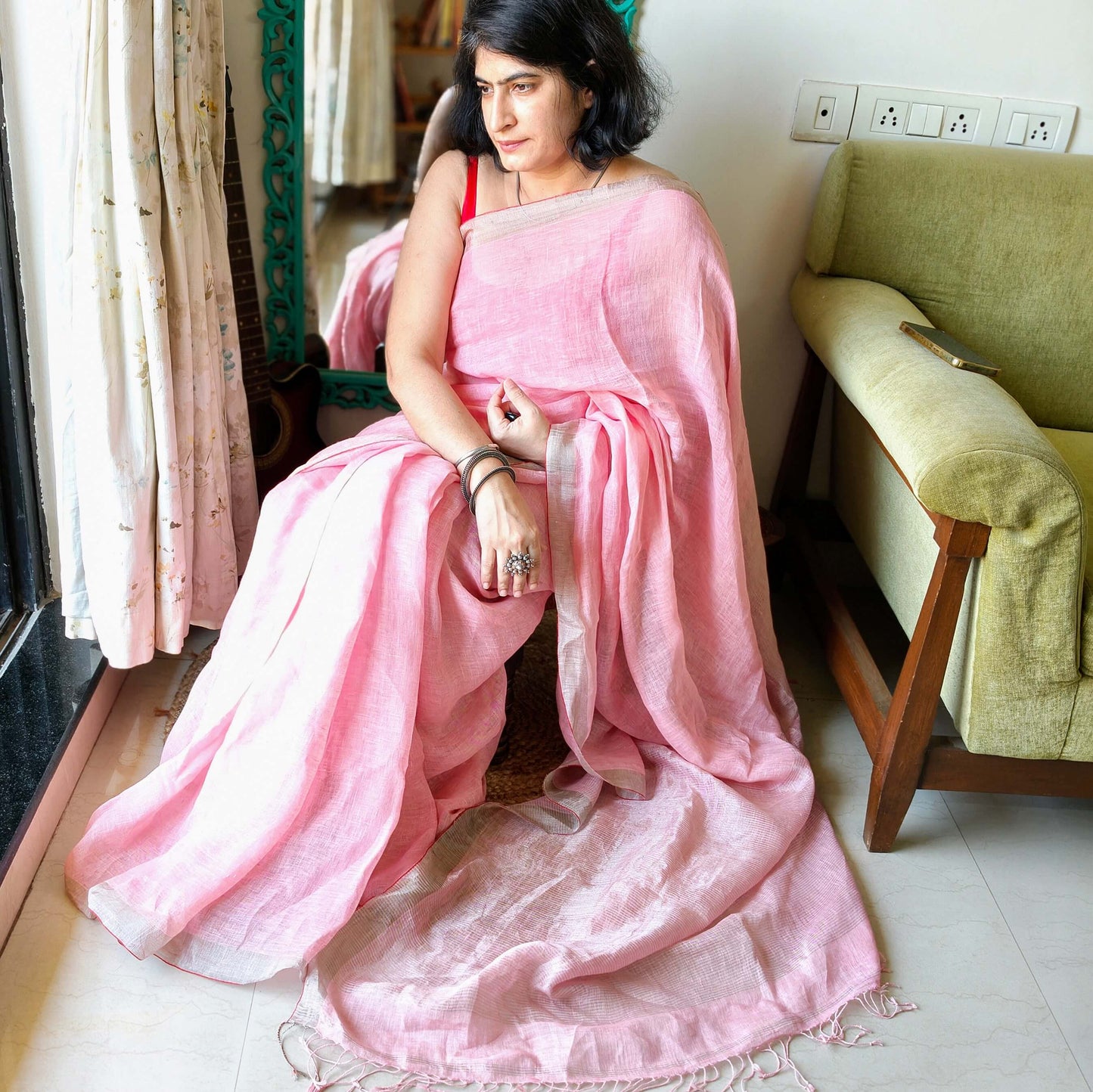 Pink Linen Saree with Zari border