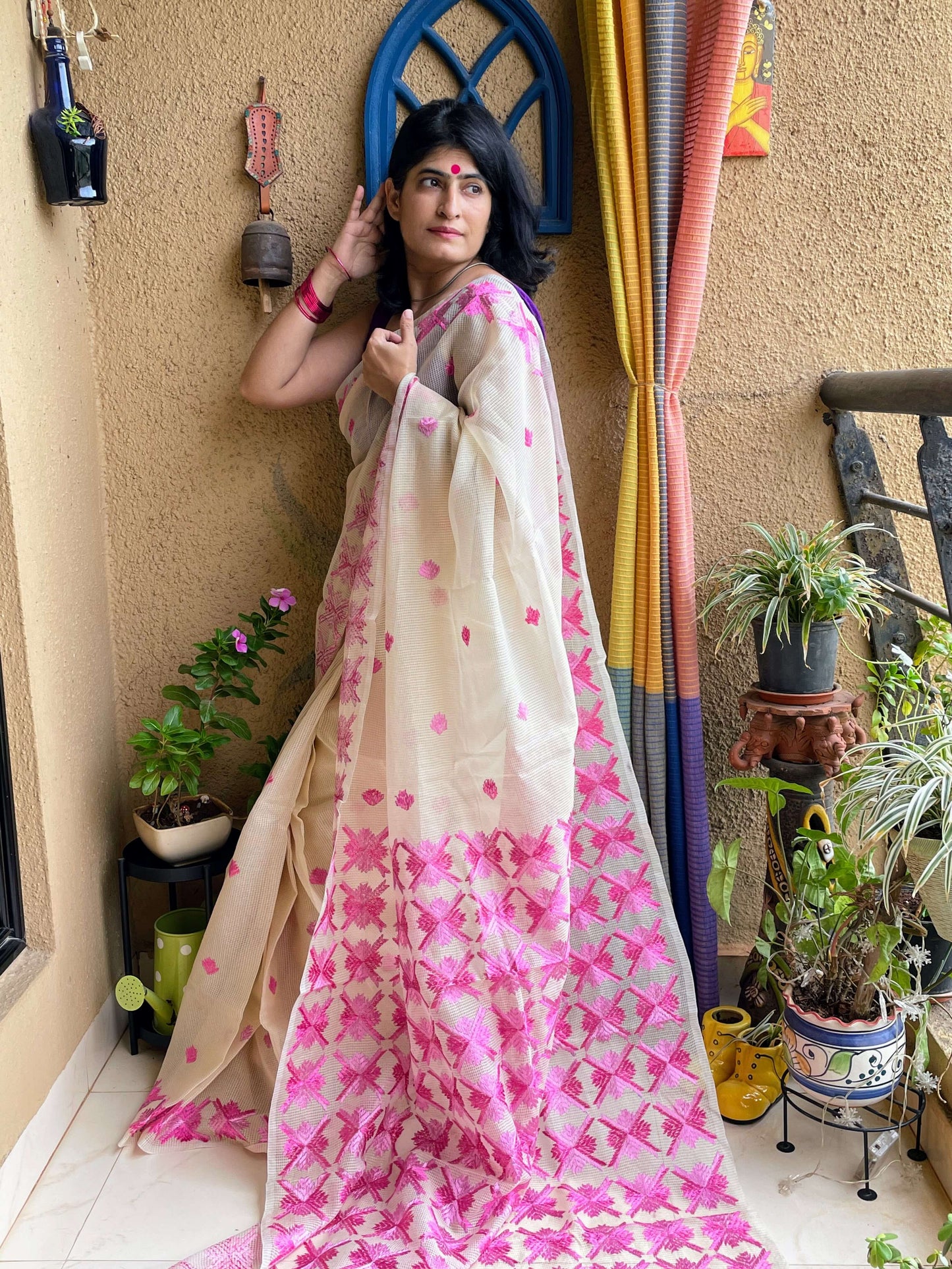 Pink Phulkari embroidery Saree